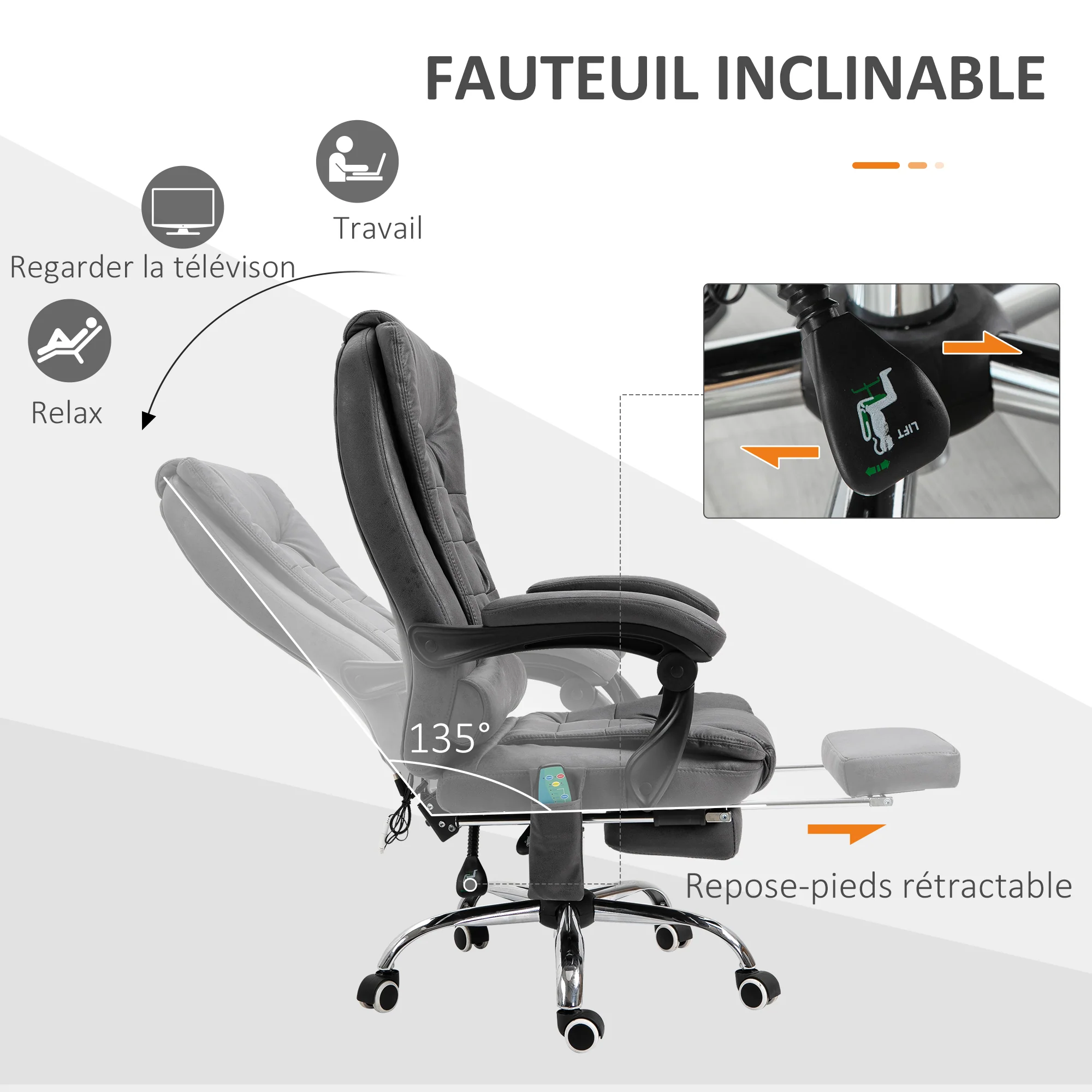 Fauteuil de bureau massant et chauffant, chaise de bureau ergonomique hauteur réglable, dossier inclinable, repose-pieds, télécommande filaire, pivotant 360°, tissu en microfibre, gris foncé - Image 6