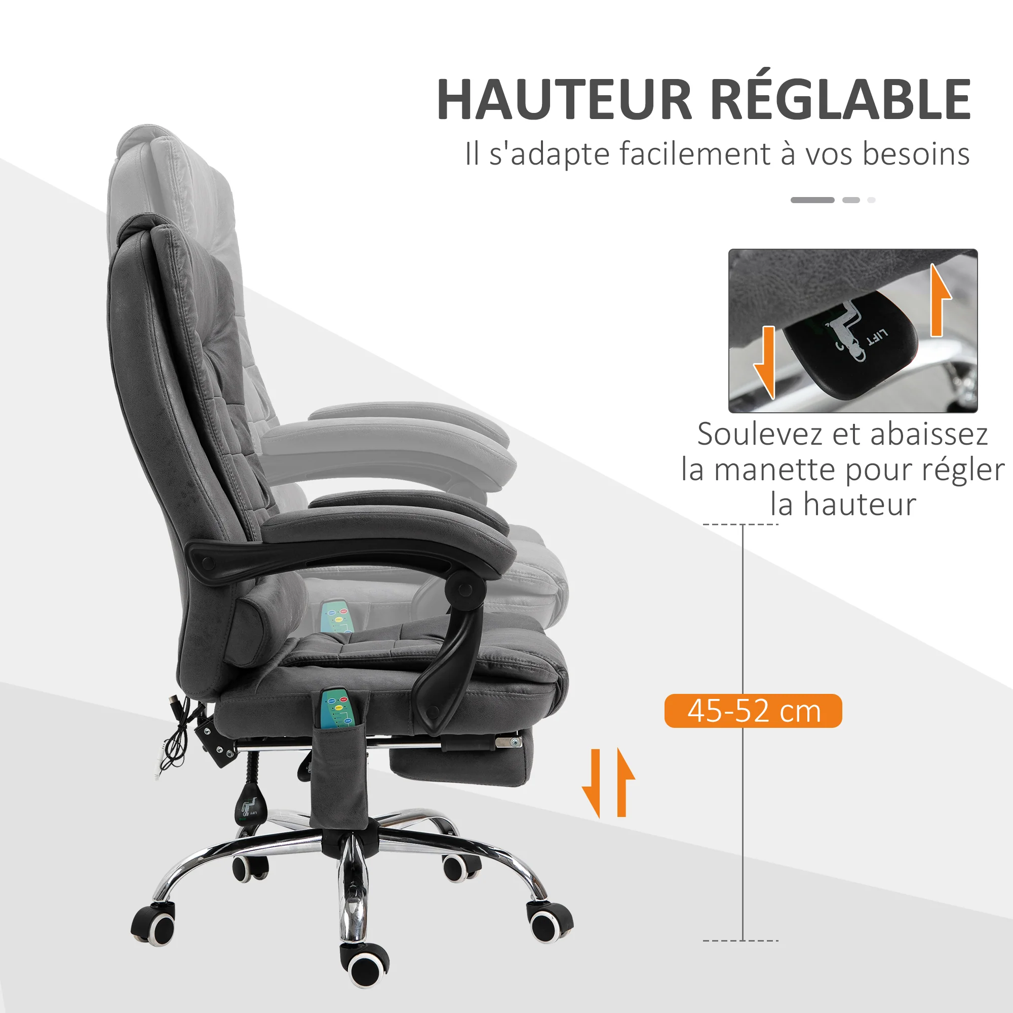 Fauteuil de bureau massant et chauffant, chaise de bureau ergonomique hauteur réglable, dossier inclinable, repose-pieds, télécommande filaire, pivotant 360°, tissu en microfibre, gris foncé - Image 7