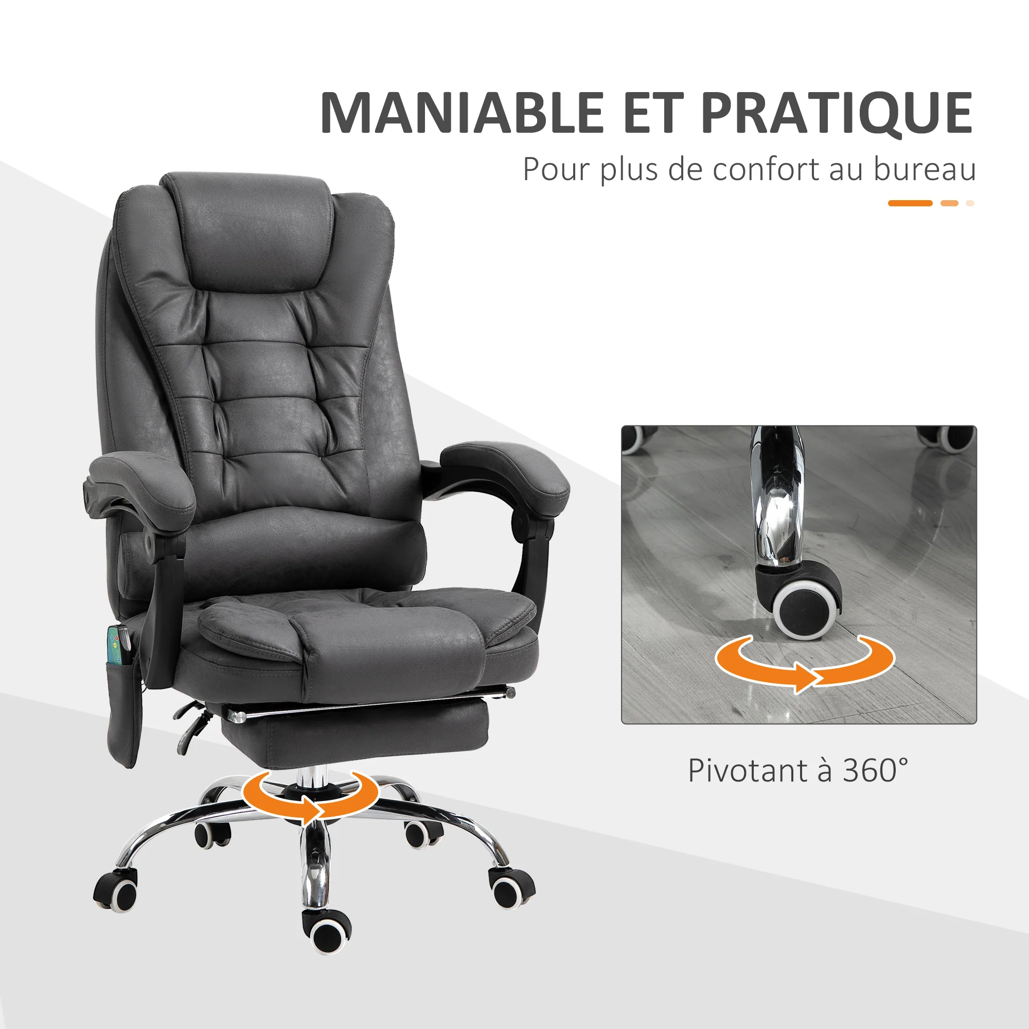 Fauteuil de bureau massant et chauffant, chaise de bureau ergonomique hauteur réglable, dossier inclinable, repose-pieds, télécommande filaire, pivotant 360°, tissu en microfibre, gris foncé - Image 8
