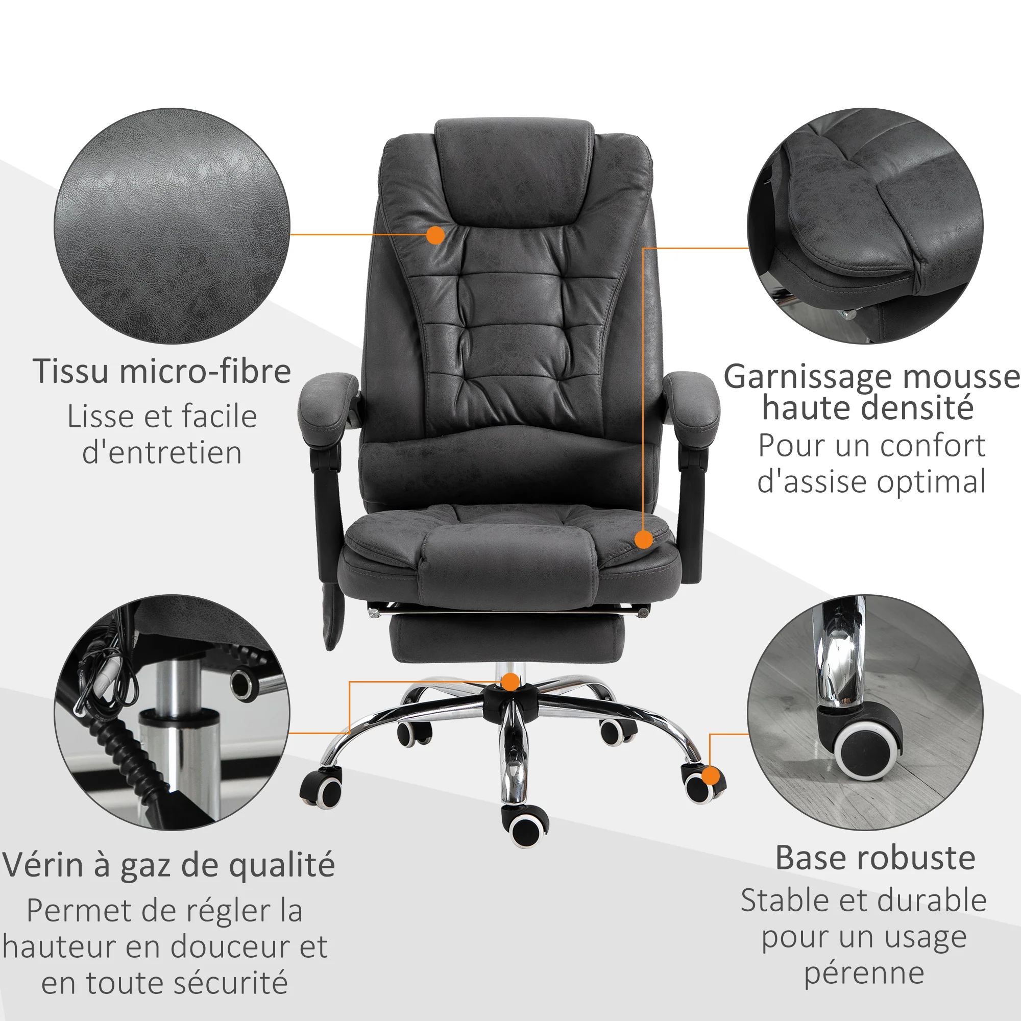 Fauteuil de bureau massant et chauffant, chaise de bureau ergonomique hauteur réglable, dossier inclinable, repose-pieds, télécommande filaire, pivotant 360°, tissu en microfibre, gris foncé - Image 9