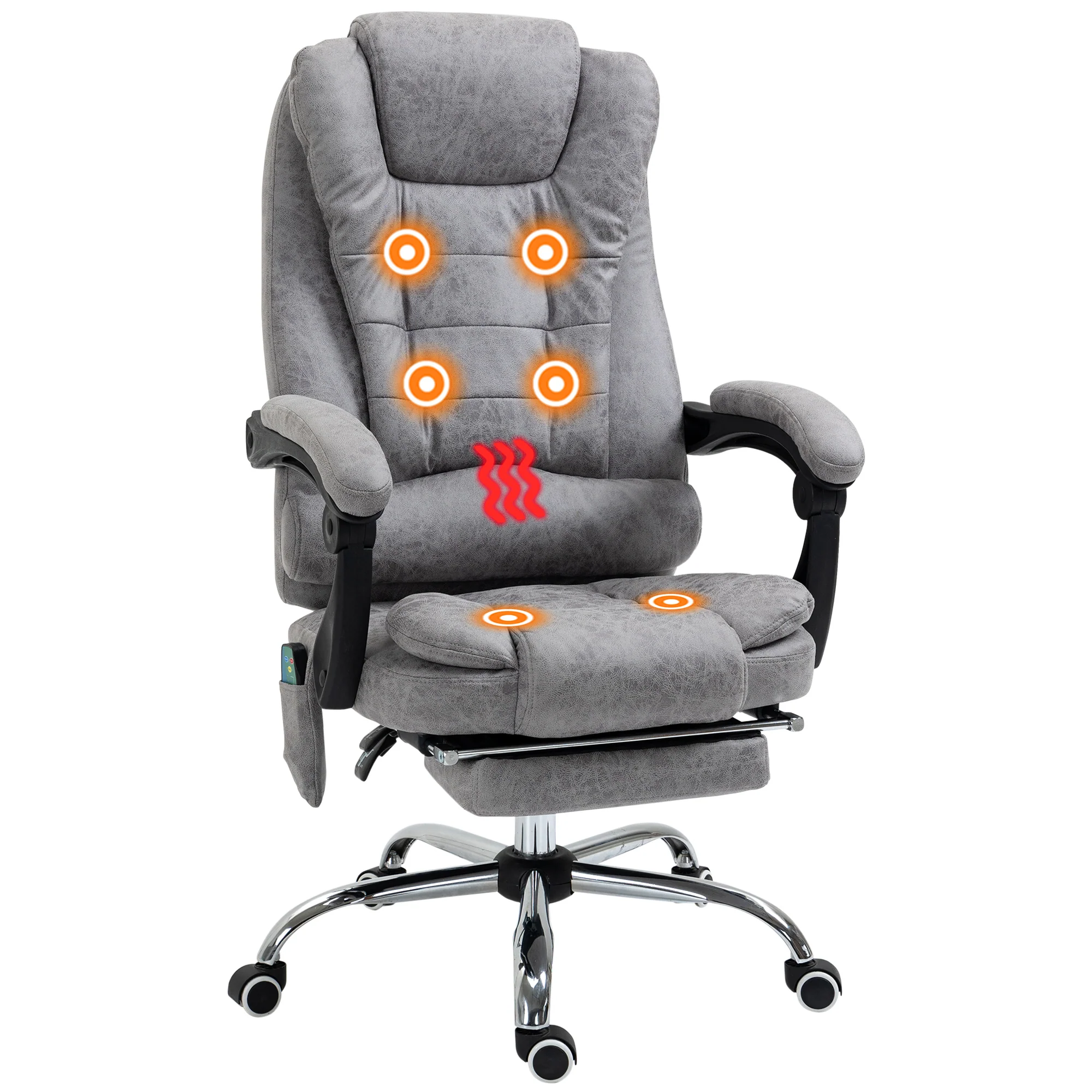 Fauteuil de bureau massant et chauffant, chaise de bureau ergonomique hauteur réglable, dossier inclinable, repose-pieds, télécommande filaire, pivotant 360°, tissu en microfibre, gris - Image 11