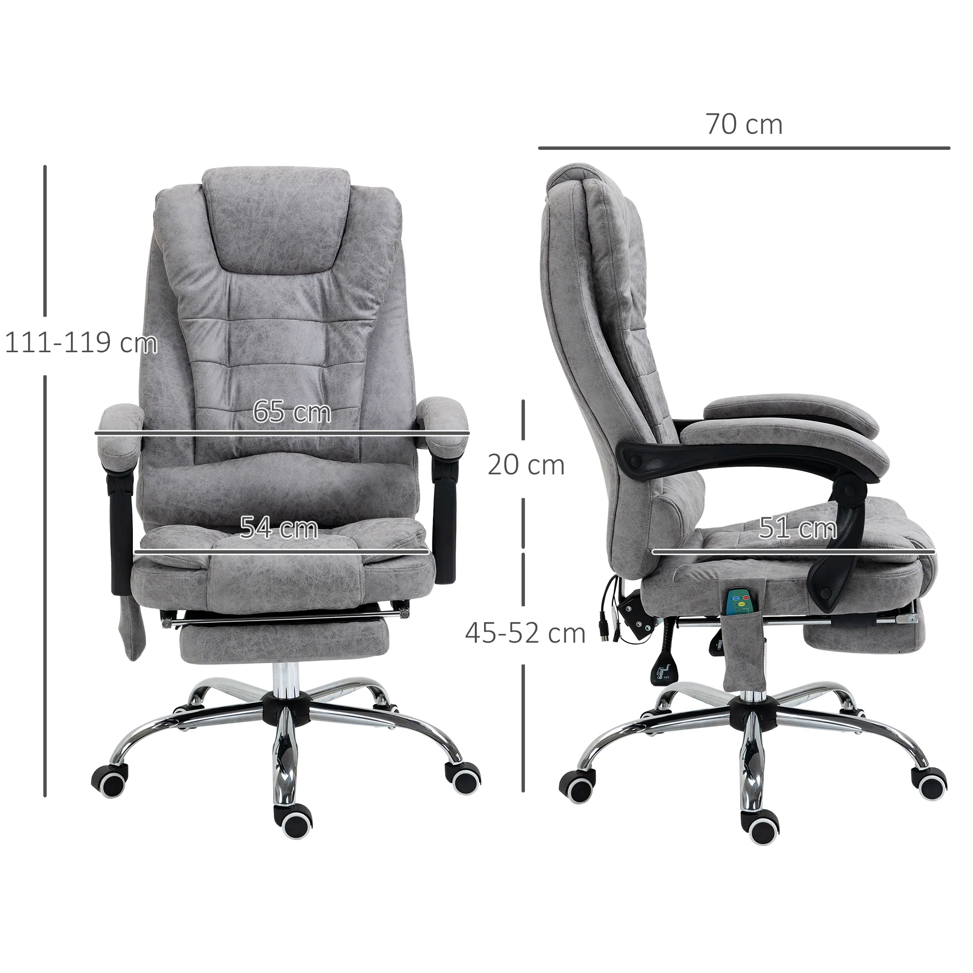 Fauteuil de bureau massant et chauffant, chaise de bureau ergonomique hauteur réglable, dossier inclinable, repose-pieds, télécommande filaire, pivotant 360°, tissu en microfibre, gris - Image 4