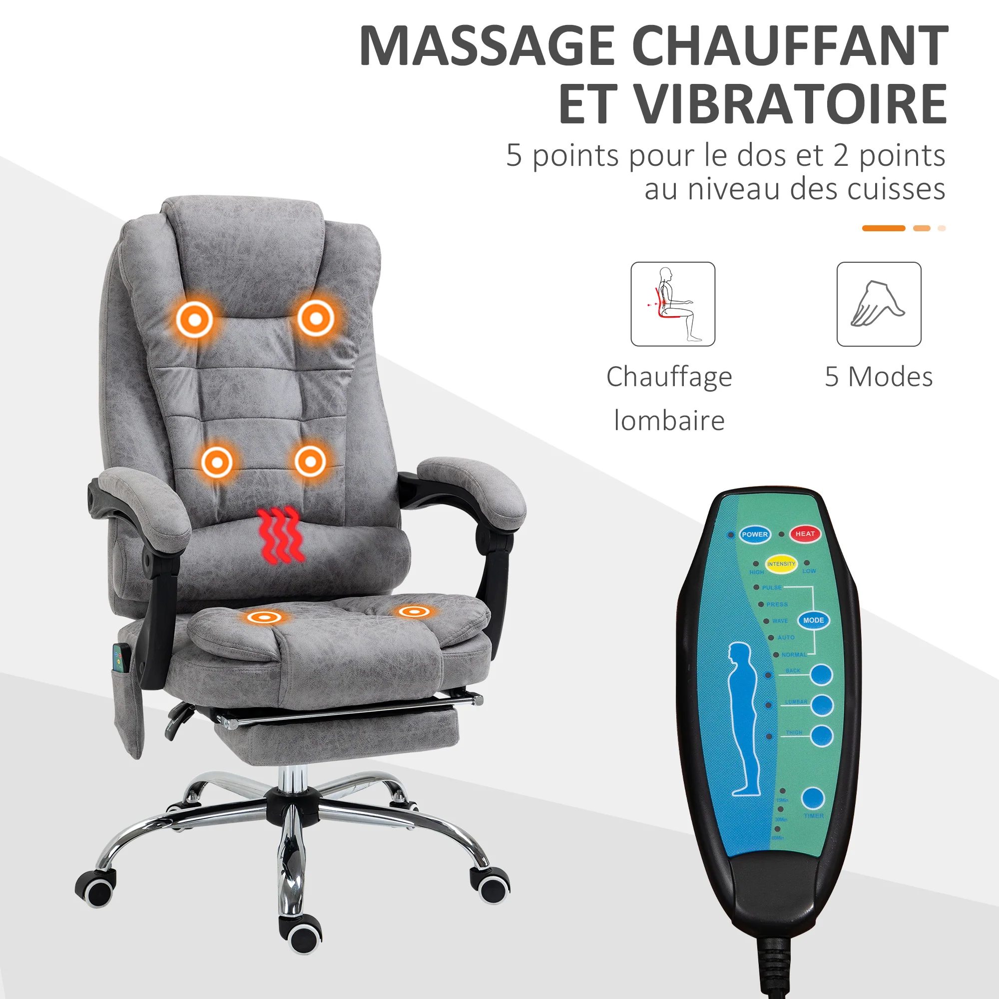 Fauteuil de bureau massant et chauffant, chaise de bureau ergonomique hauteur réglable, dossier inclinable, repose-pieds, télécommande filaire, pivotant 360°, tissu en microfibre, gris - Image 5