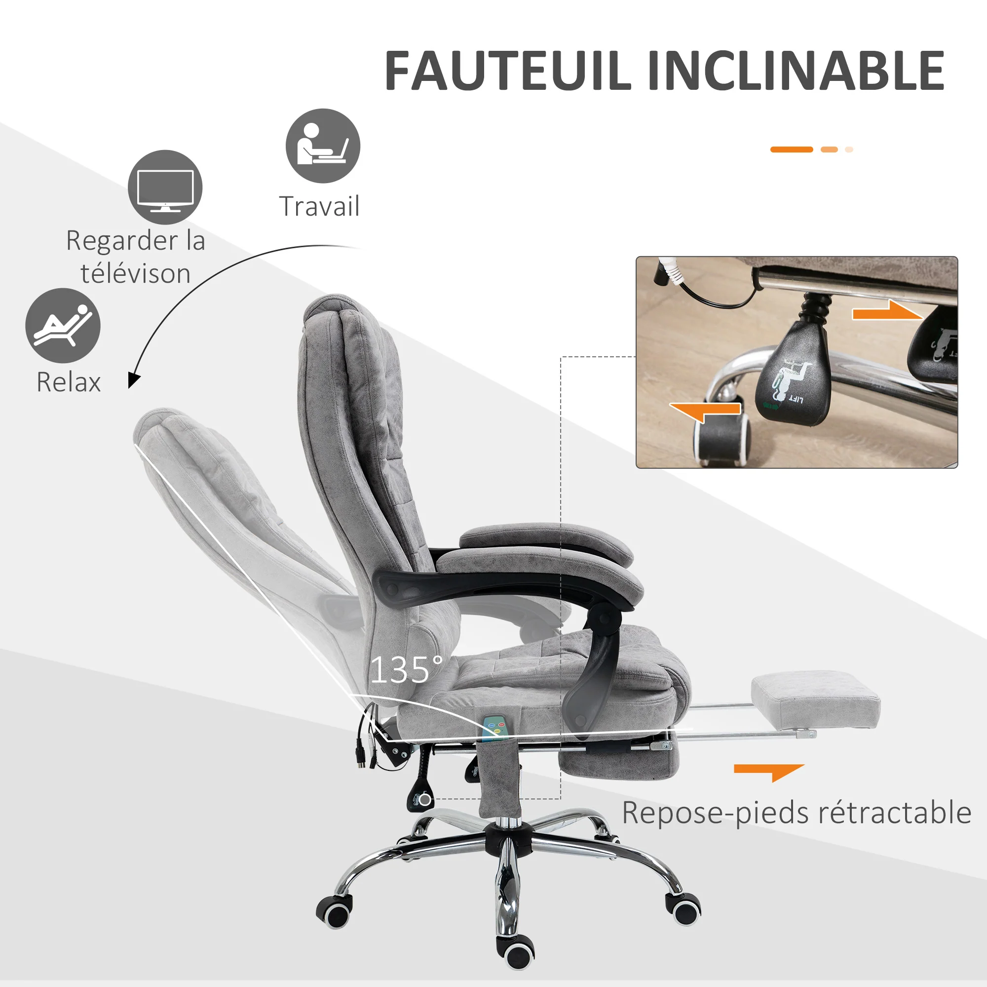 Fauteuil de bureau massant et chauffant, chaise de bureau ergonomique hauteur réglable, dossier inclinable, repose-pieds, télécommande filaire, pivotant 360°, tissu en microfibre, gris - Image 6