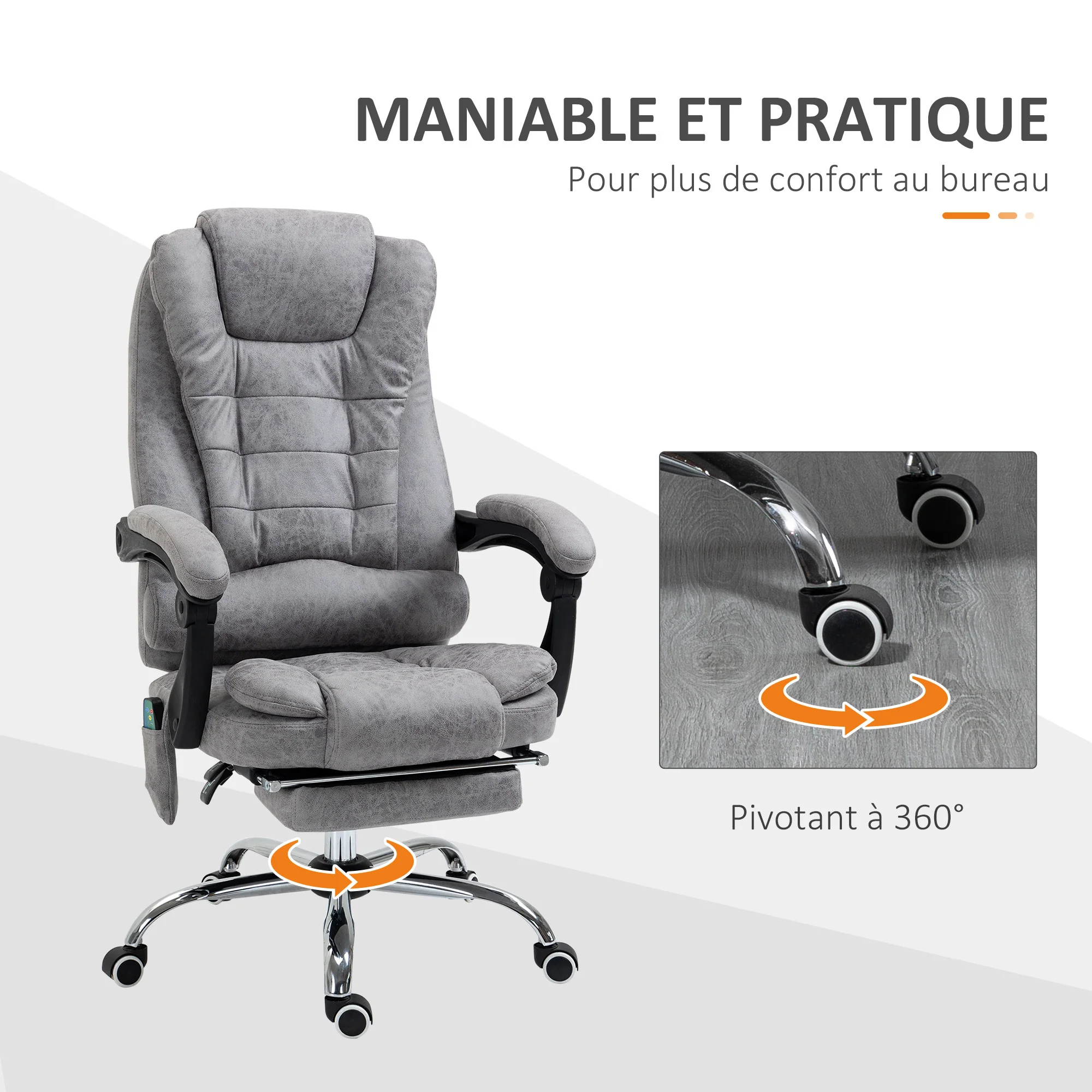 Fauteuil de bureau massant et chauffant, chaise de bureau ergonomique hauteur réglable, dossier inclinable, repose-pieds, télécommande filaire, pivotant 360°, tissu en microfibre, gris - Image 8