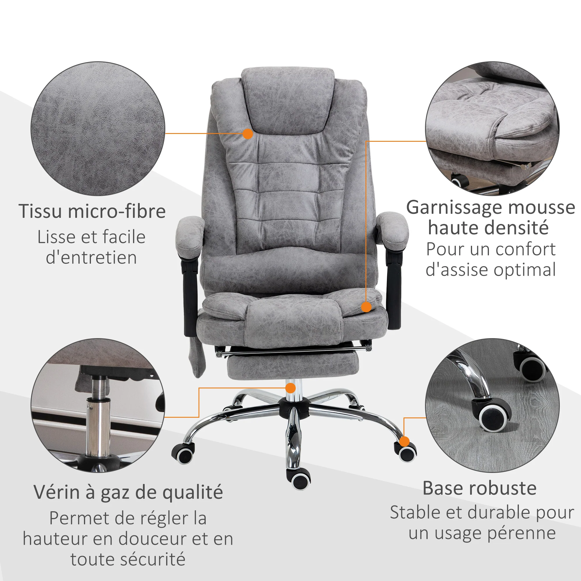 Fauteuil de bureau massant et chauffant, chaise de bureau ergonomique hauteur réglable, dossier inclinable, repose-pieds, télécommande filaire, pivotant 360°, tissu en microfibre, gris - Image 9