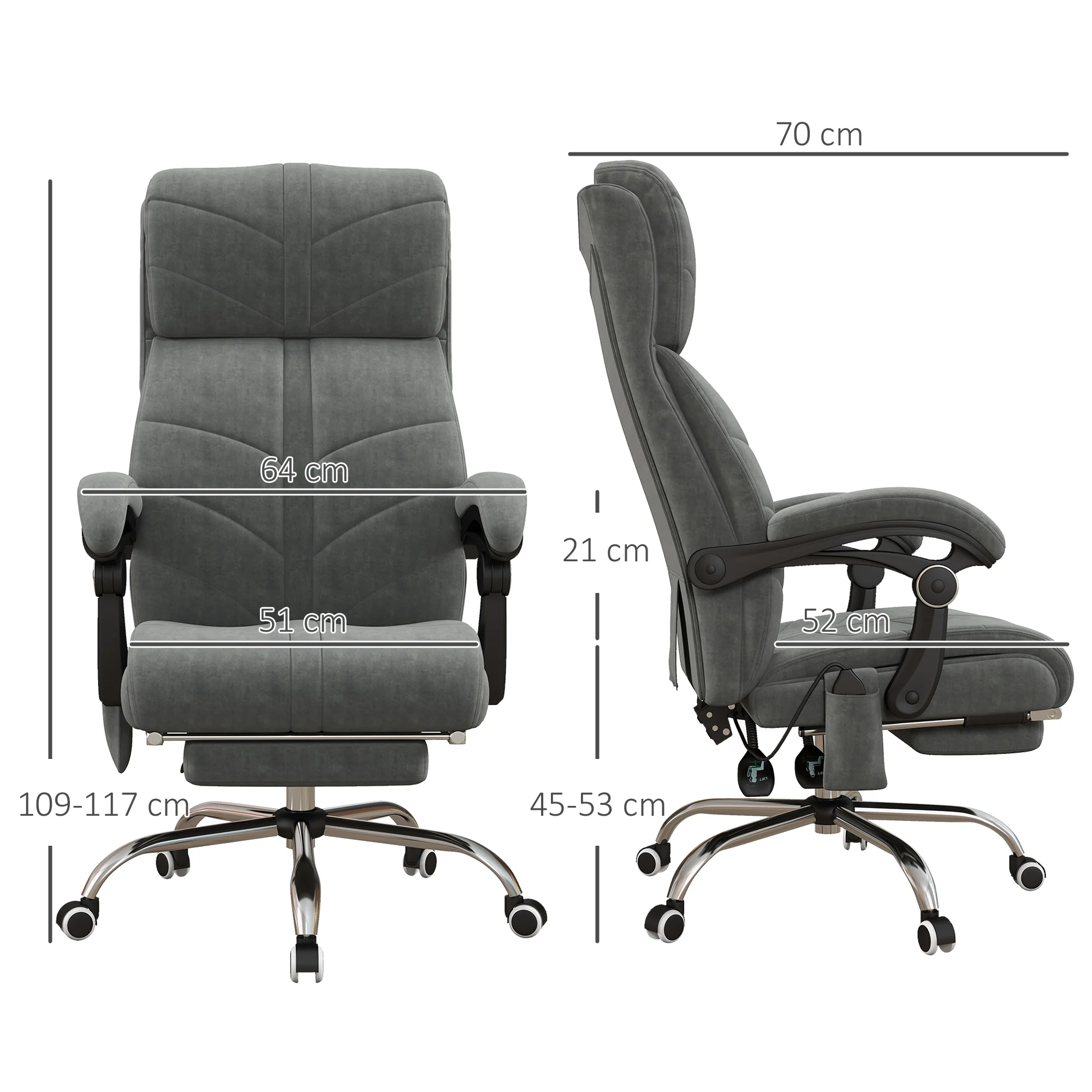 Fauteuil de bureau massant et chauffant chaise pour ordinateur inclinable revêtement en velours avec repose-pieds intégré 5 roulettes design moderne gris - Image 4