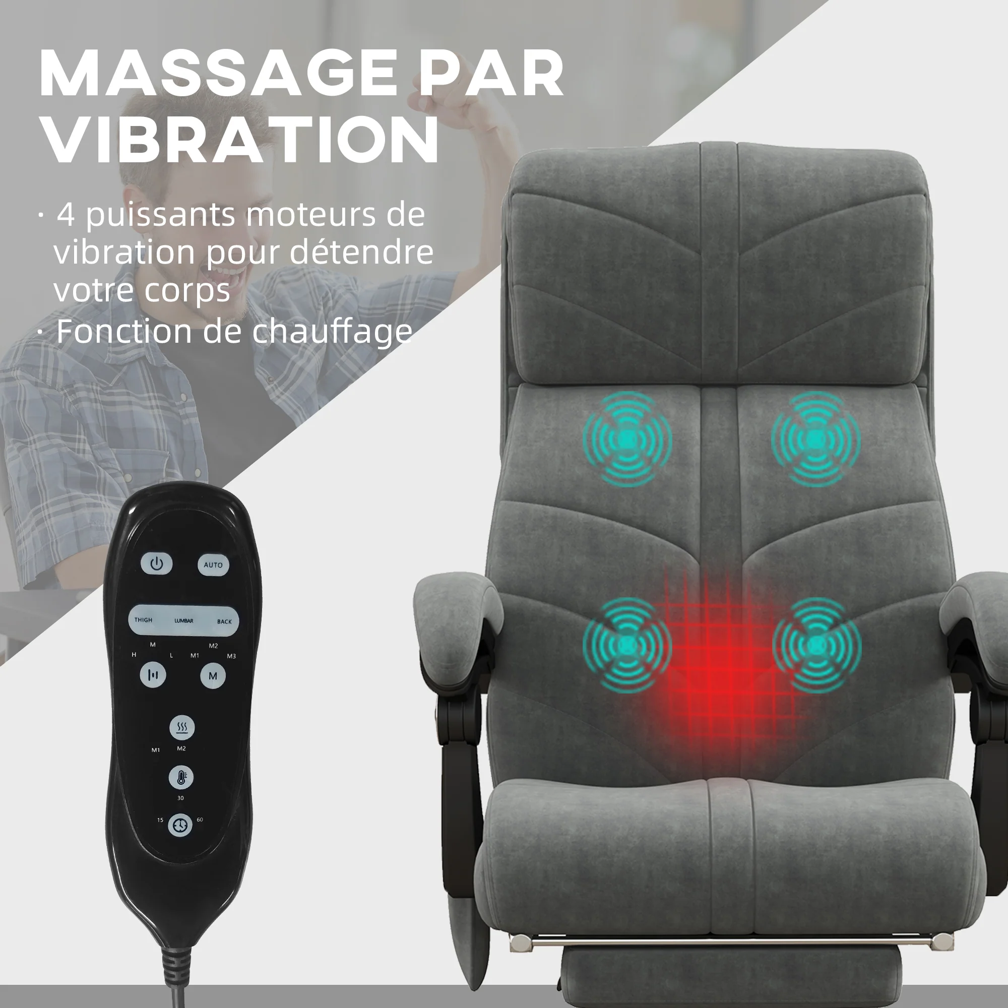 Fauteuil de bureau massant et chauffant chaise pour ordinateur inclinable revêtement en velours avec repose-pieds intégré 5 roulettes design moderne gris - Image 5