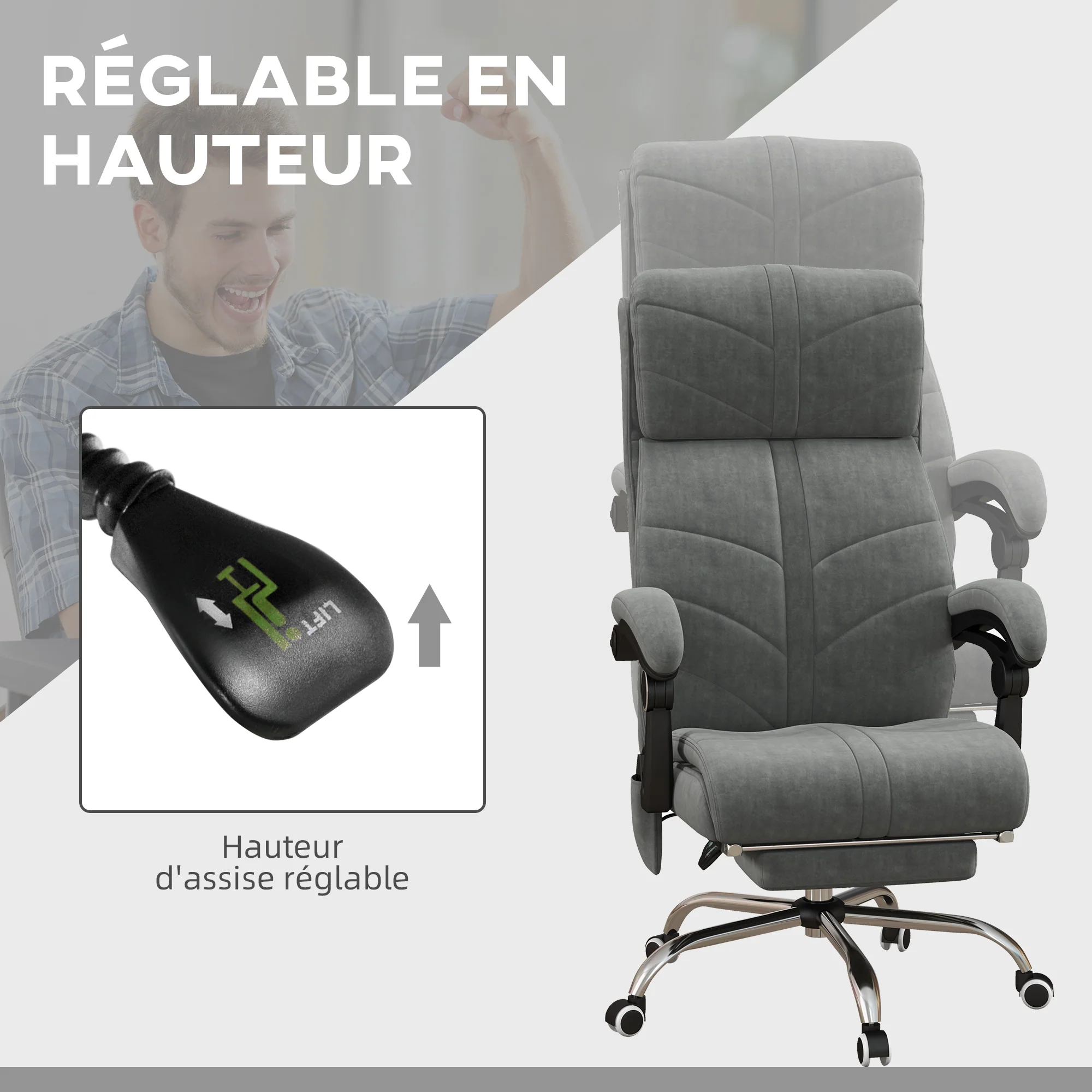 Fauteuil de bureau massant et chauffant chaise pour ordinateur inclinable revêtement en velours avec repose-pieds intégré 5 roulettes design moderne gris - Image 6