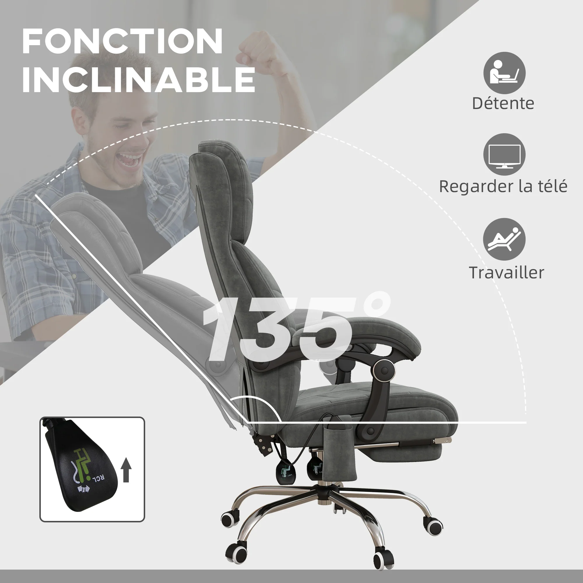 Fauteuil de bureau massant et chauffant chaise pour ordinateur inclinable revêtement en velours avec repose-pieds intégré 5 roulettes design moderne gris - Image 7