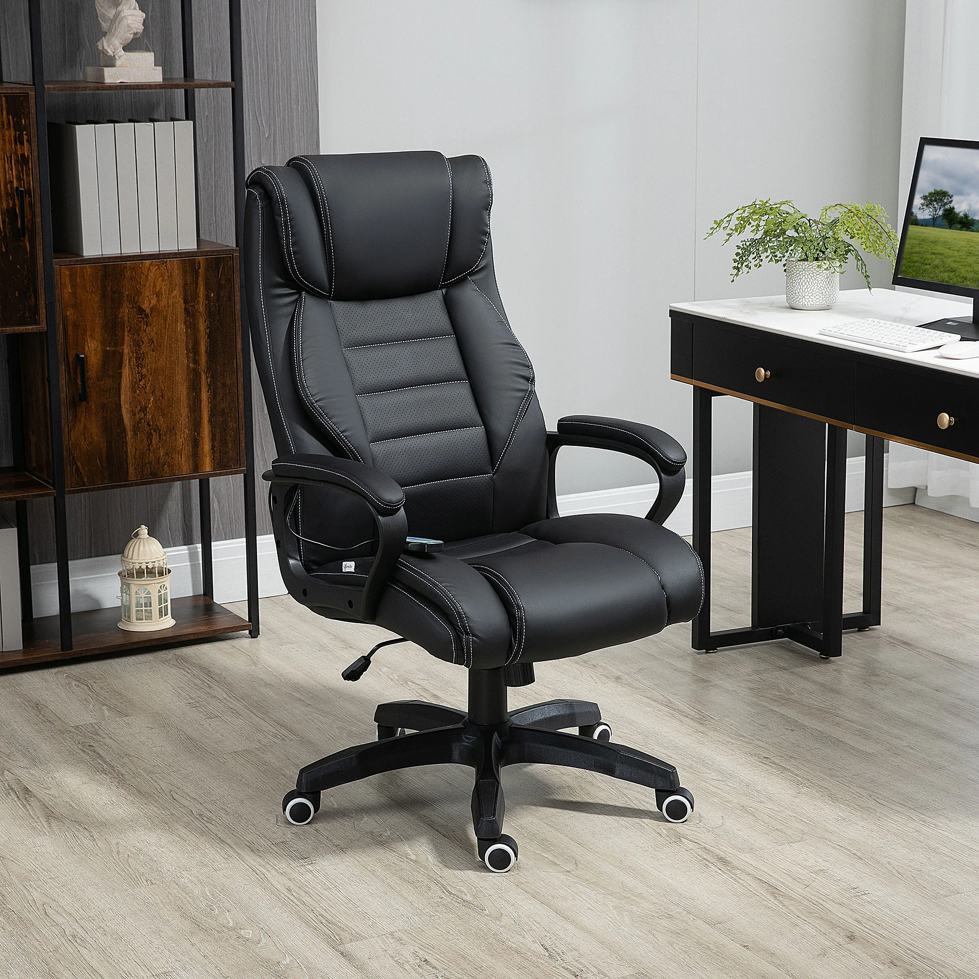 Fauteuil de bureau massant fauteuil bureau ergonomique grand confort hauteur réglable fonction dossier à bascule revêtement synthétique noir - Image 3