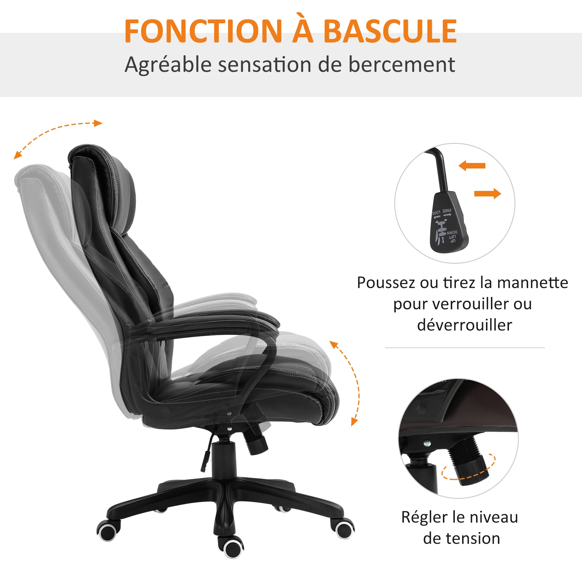 Fauteuil de bureau massant fauteuil bureau ergonomique grand confort hauteur réglable fonction dossier à bascule revêtement synthétique noir - Image 8