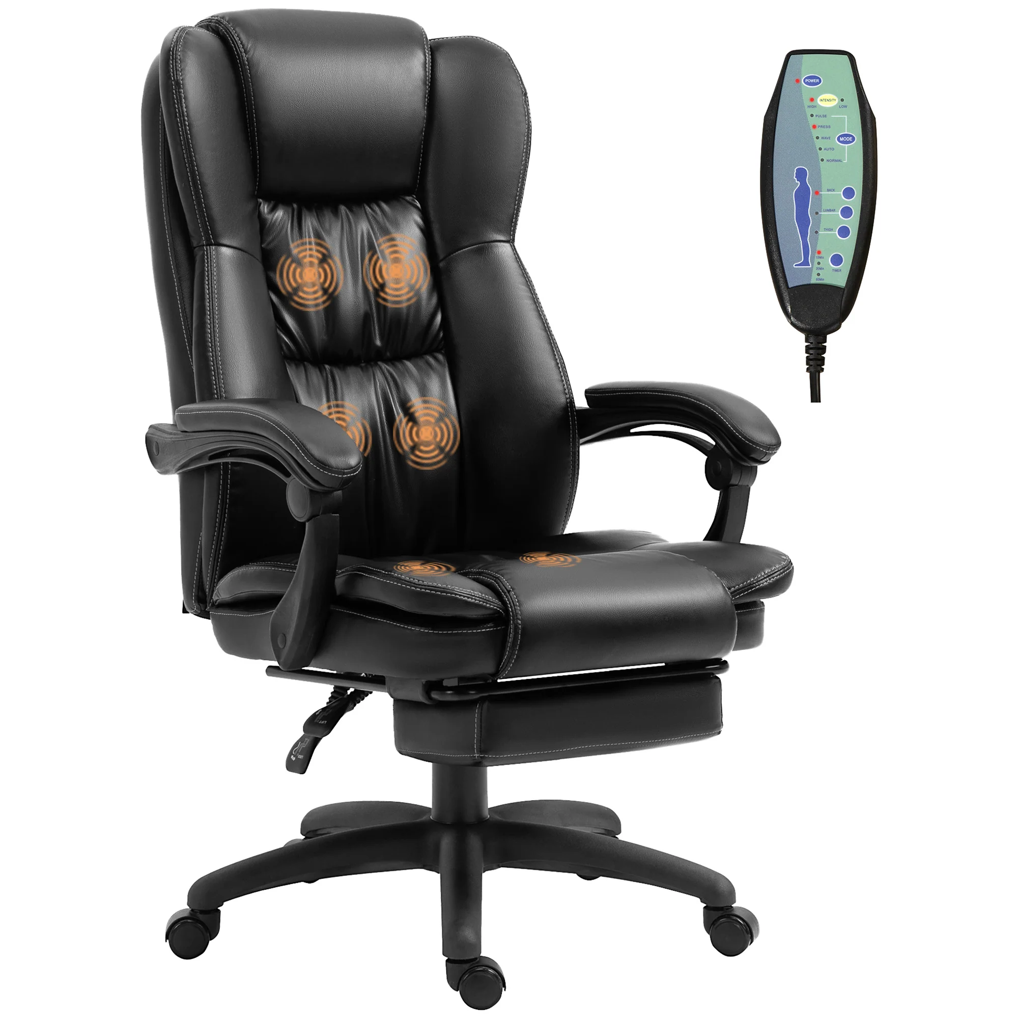 Fauteuil de bureau massant par vibrations, chaise de bureau ergonomique avec repose-pieds rétractable, hauteur réglable, dossier inclinable, télécommande filaire et pivotant à 360°, noir - Image 11