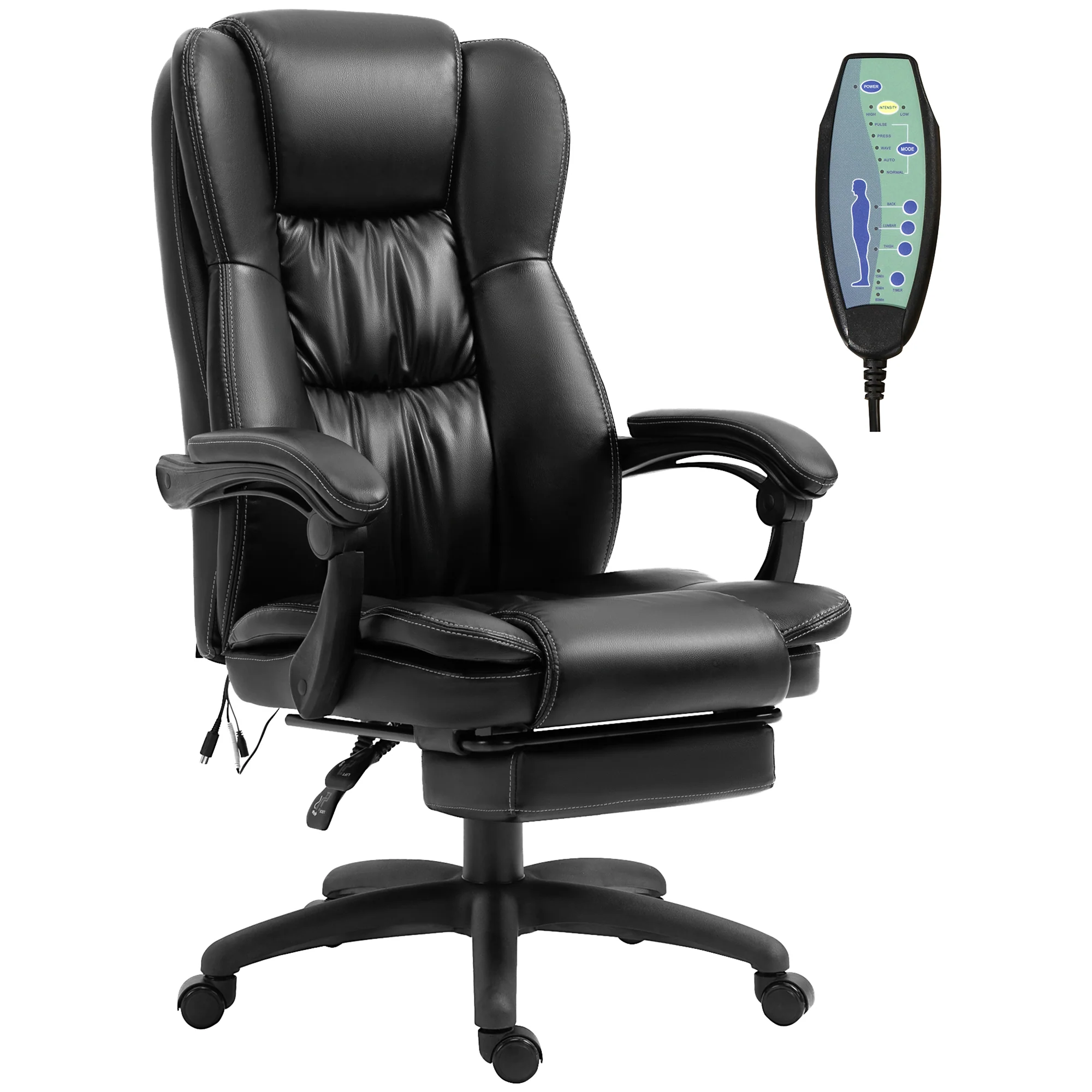 Fauteuil de bureau massant par vibrations, chaise de bureau ergonomique avec repose-pieds rétractable, hauteur réglable, dossier inclinable, télécommande filaire et pivotant à 360°, noir - Image 2