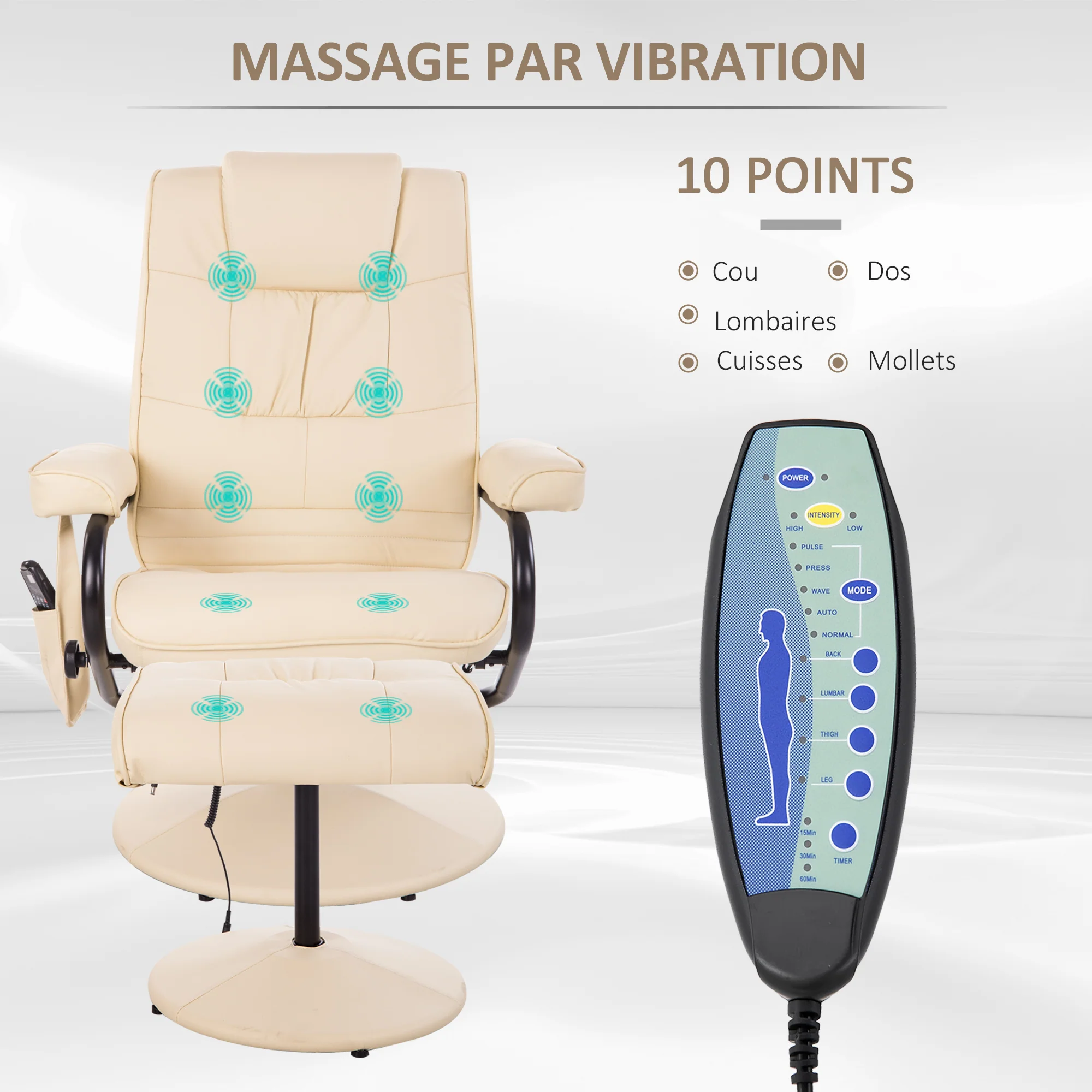 Fauteuil de Massage et Relaxation électrique pivotant inclinable avec Repose-Pied revêtement synthétique Beige - Image 5