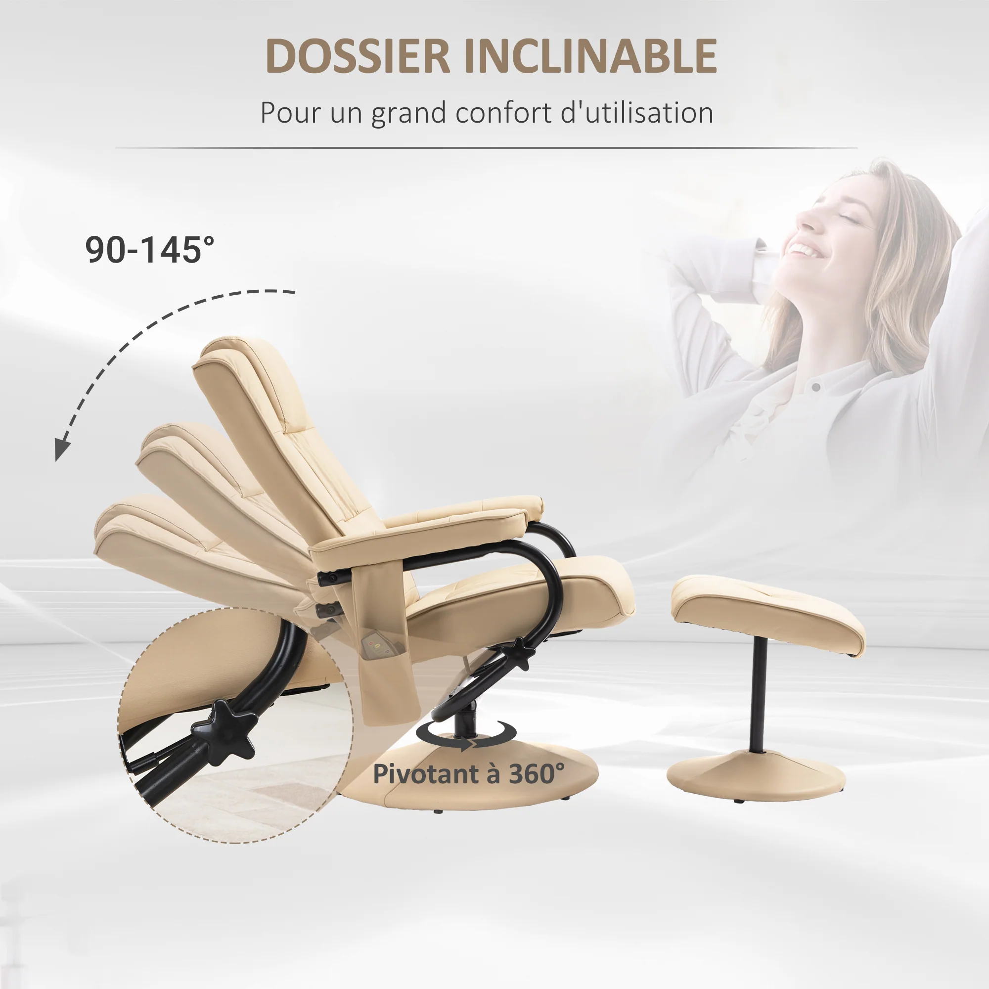 Fauteuil de Massage et Relaxation électrique pivotant inclinable avec Repose-Pied revêtement synthétique Beige - Image 6