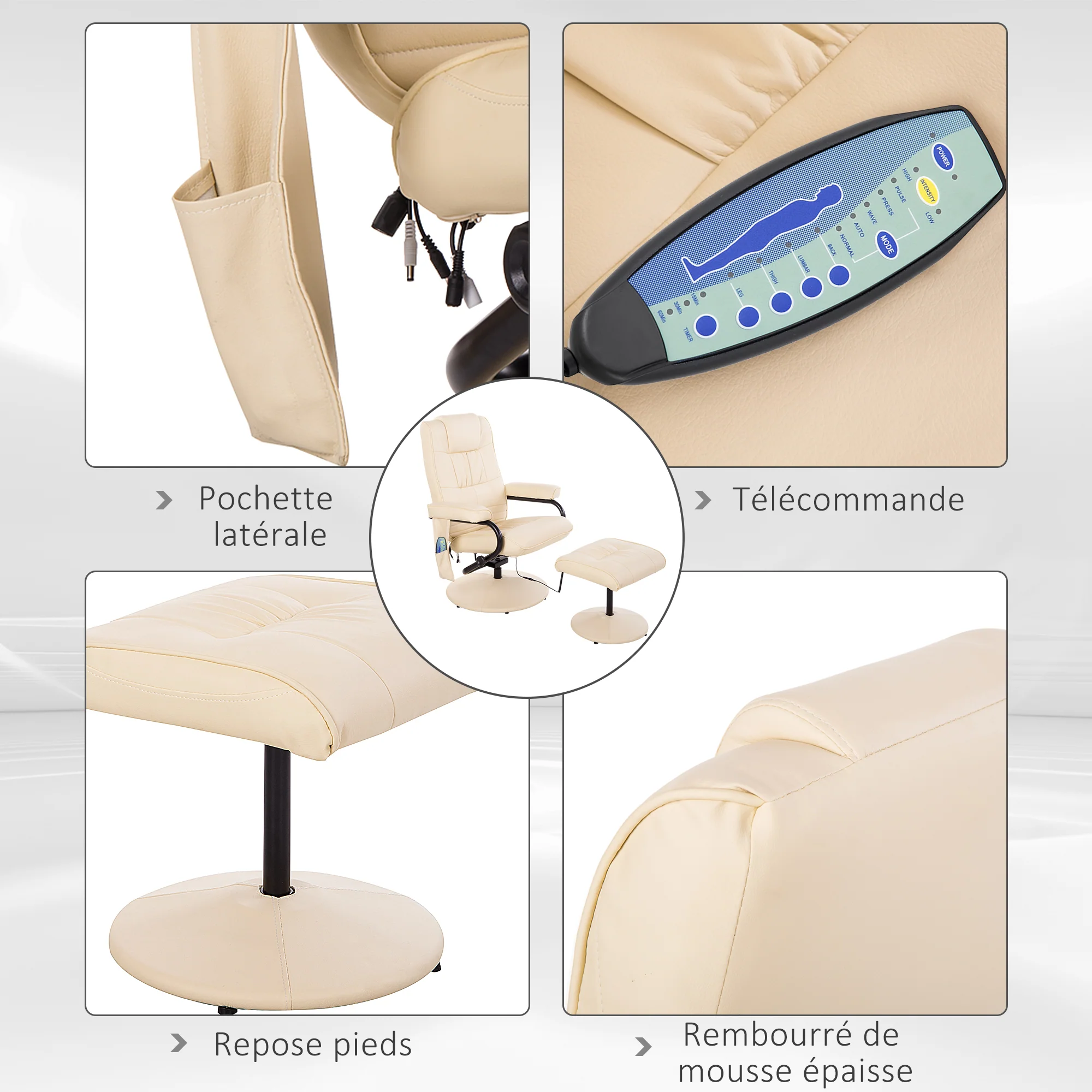 Fauteuil de Massage et Relaxation électrique pivotant inclinable avec Repose-Pied revêtement synthétique Beige - Image 7