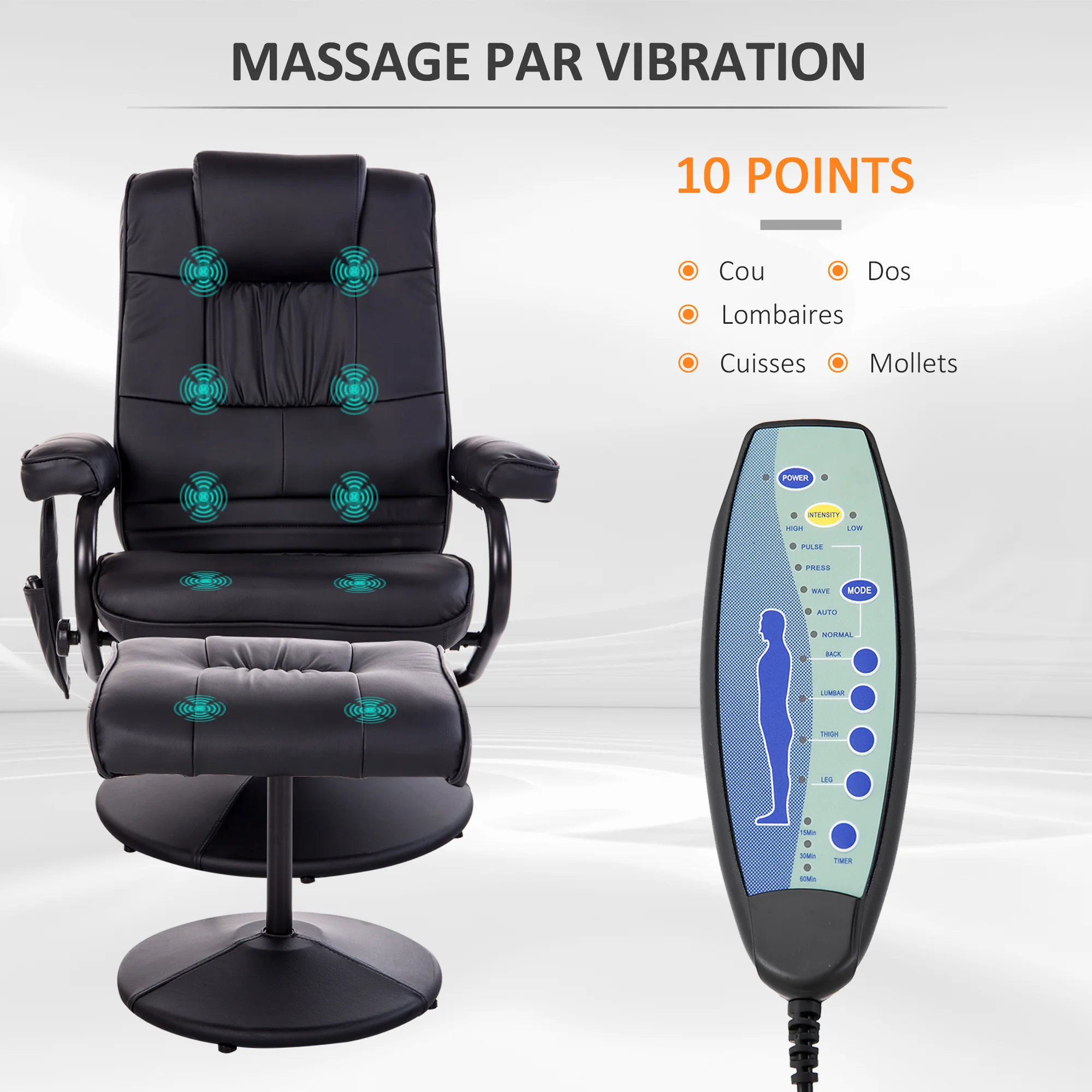 Fauteuil de Massage et Relaxation électrique pivotant inclinable avec Repose-Pied revêtement synthétique Noir - Image 5