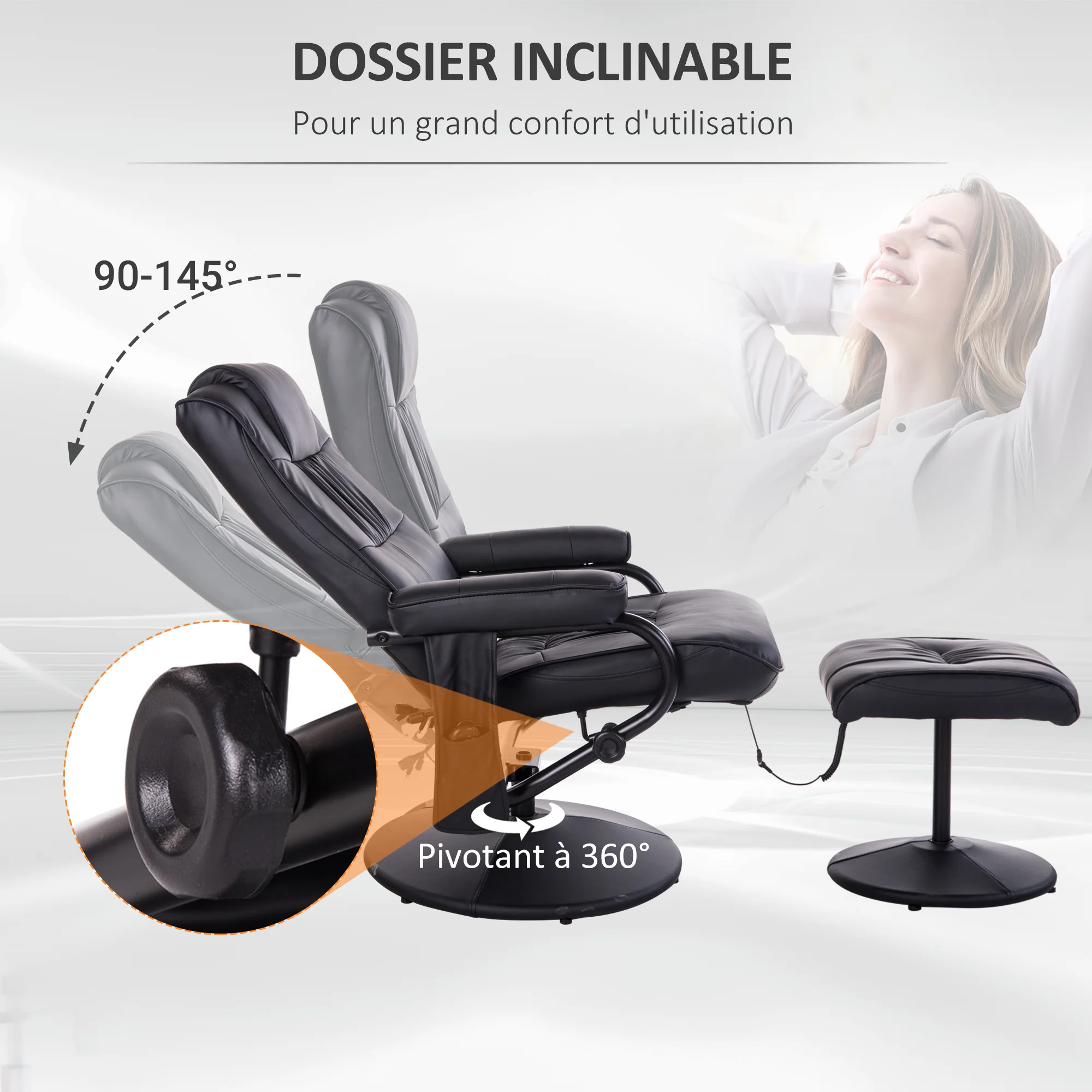 Fauteuil de Massage et Relaxation électrique pivotant inclinable avec Repose-Pied revêtement synthétique Noir - Image 6