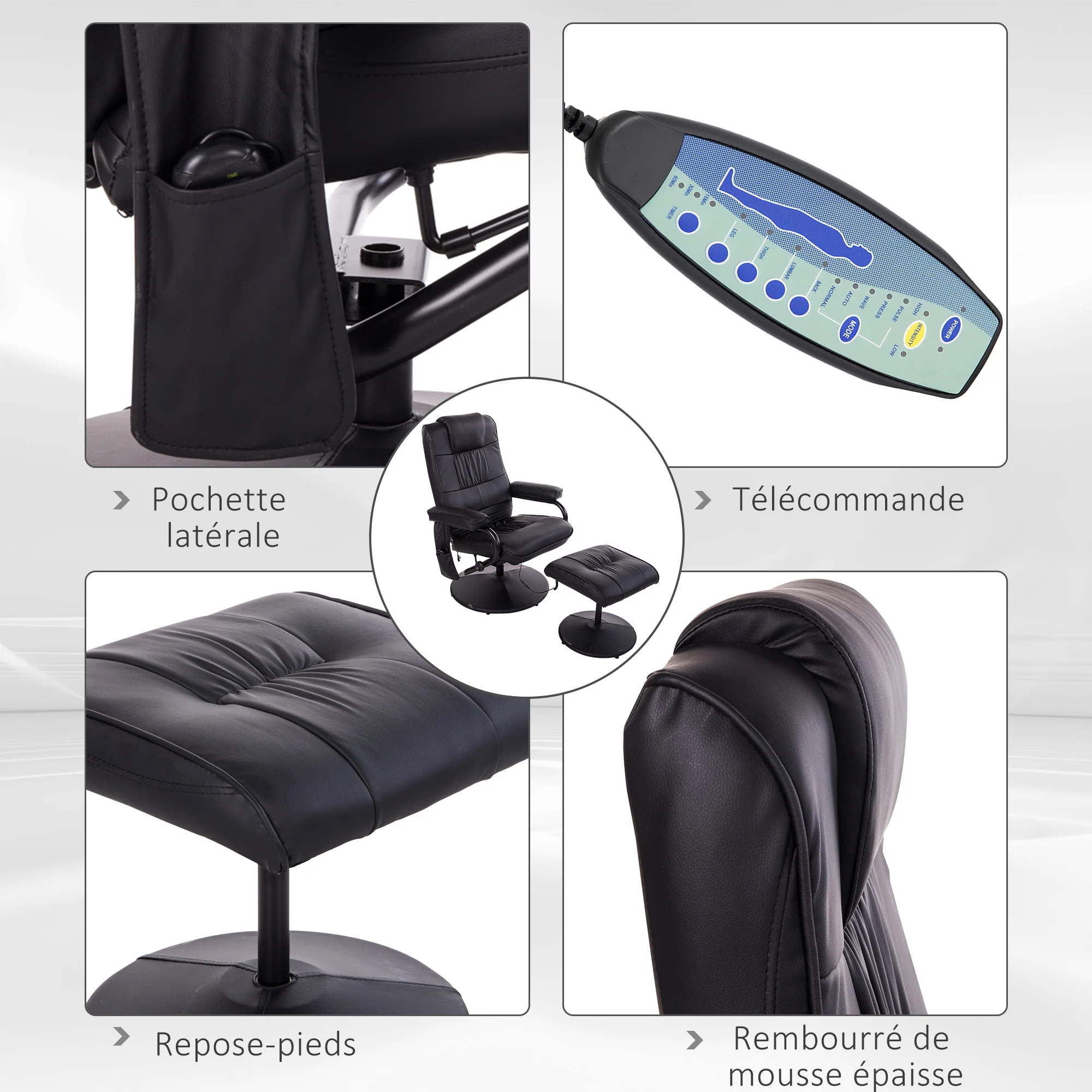 Fauteuil de Massage et Relaxation électrique pivotant inclinable avec Repose-Pied revêtement synthétique Noir - Image 7