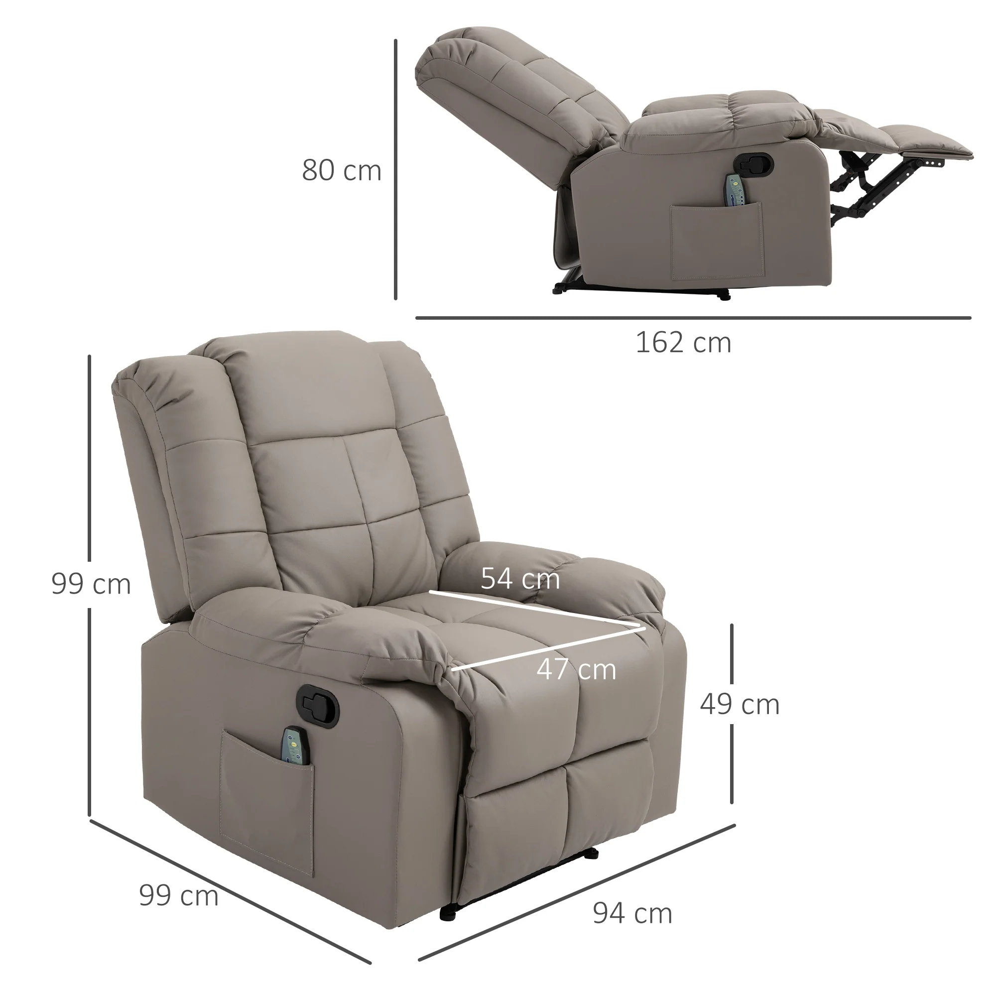 Fauteuil de massage fauteuil de relaxation massant avec dossier inclinable manuellement et repose-pied fauteuil TV revêtement synthétique télécommande incluse gris - Image 4