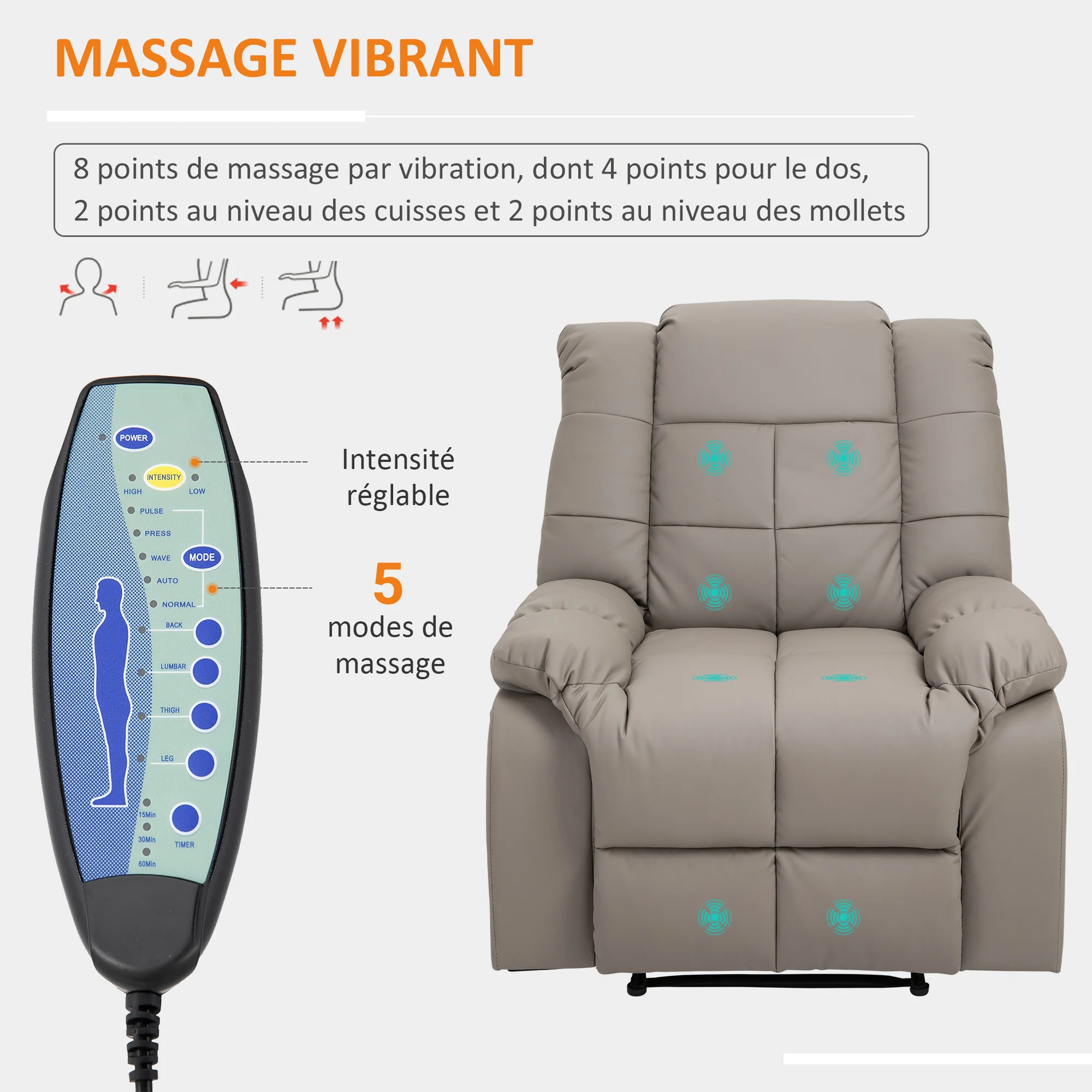 Fauteuil de massage fauteuil de relaxation massant avec dossier inclinable manuellement et repose-pied fauteuil TV revêtement synthétique télécommande incluse gris - Image 5