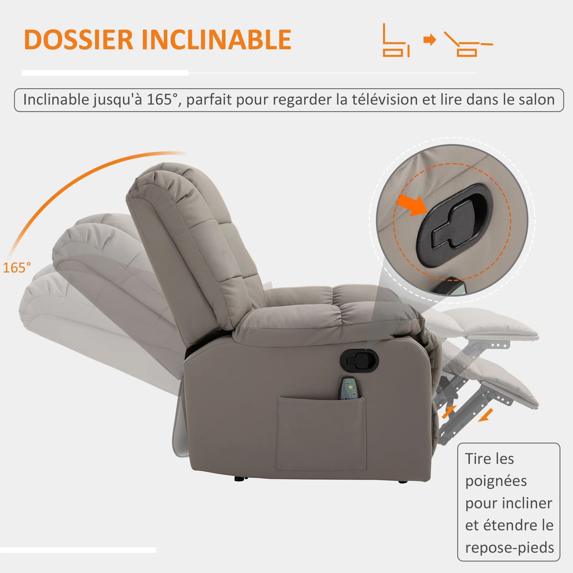 Fauteuil de massage fauteuil de relaxation massant avec dossier inclinable manuellement et repose-pied fauteuil TV revêtement synthétique télécommande incluse gris - Image 6