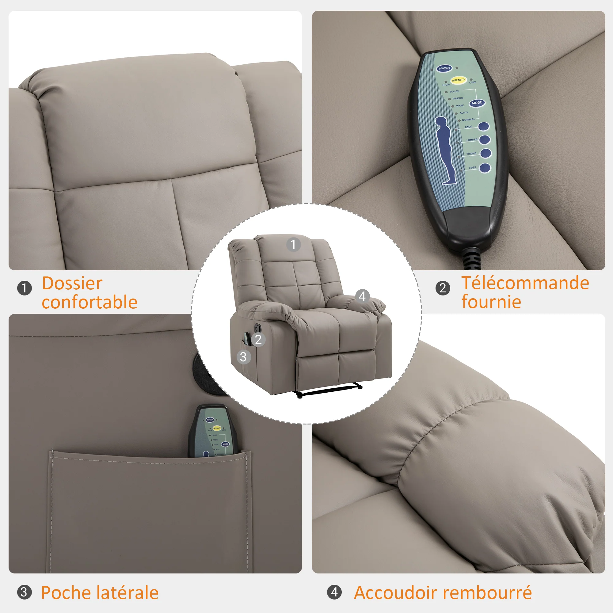 Fauteuil de massage fauteuil de relaxation massant avec dossier inclinable manuellement et repose-pied fauteuil TV revêtement synthétique télécommande incluse gris - Image 7