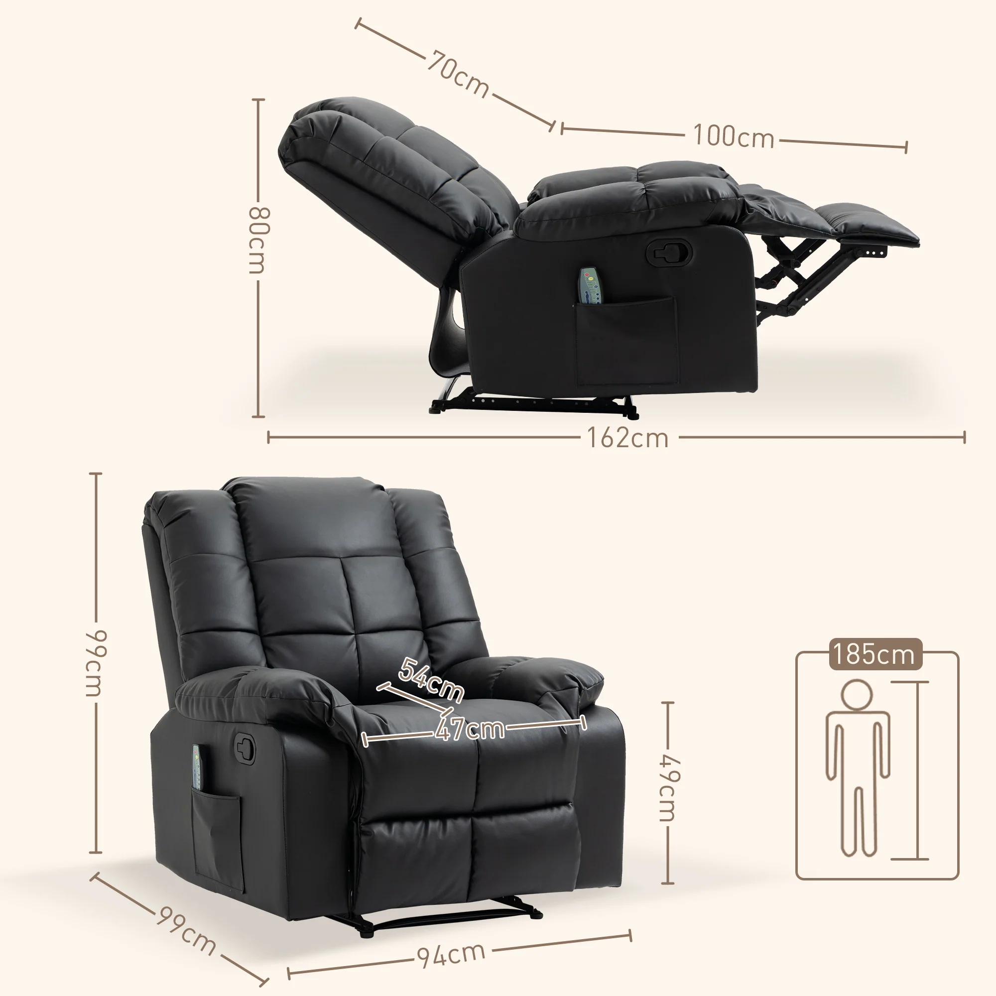 Fauteuil de massage fauteuil de relaxation massant avec dossier inclinable manuellement et repose-pied fauteuil TV revêtement synthétique télécommande incluse noir - Image 4