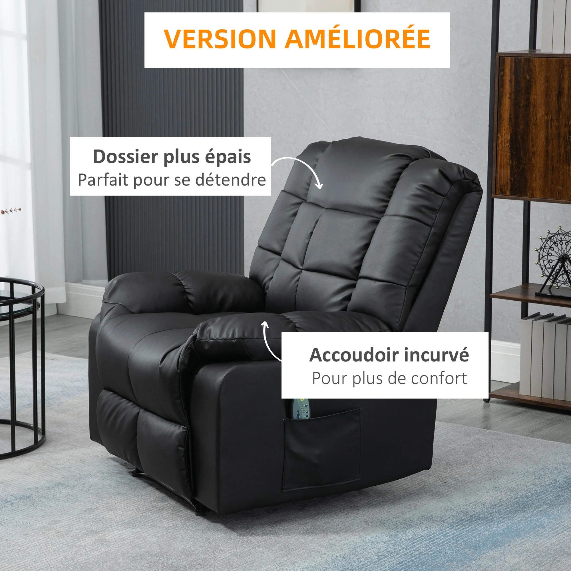 Fauteuil de massage fauteuil de relaxation massant avec dossier inclinable manuellement et repose-pied fauteuil TV revêtement synthétique télécommande incluse noir - Image 5