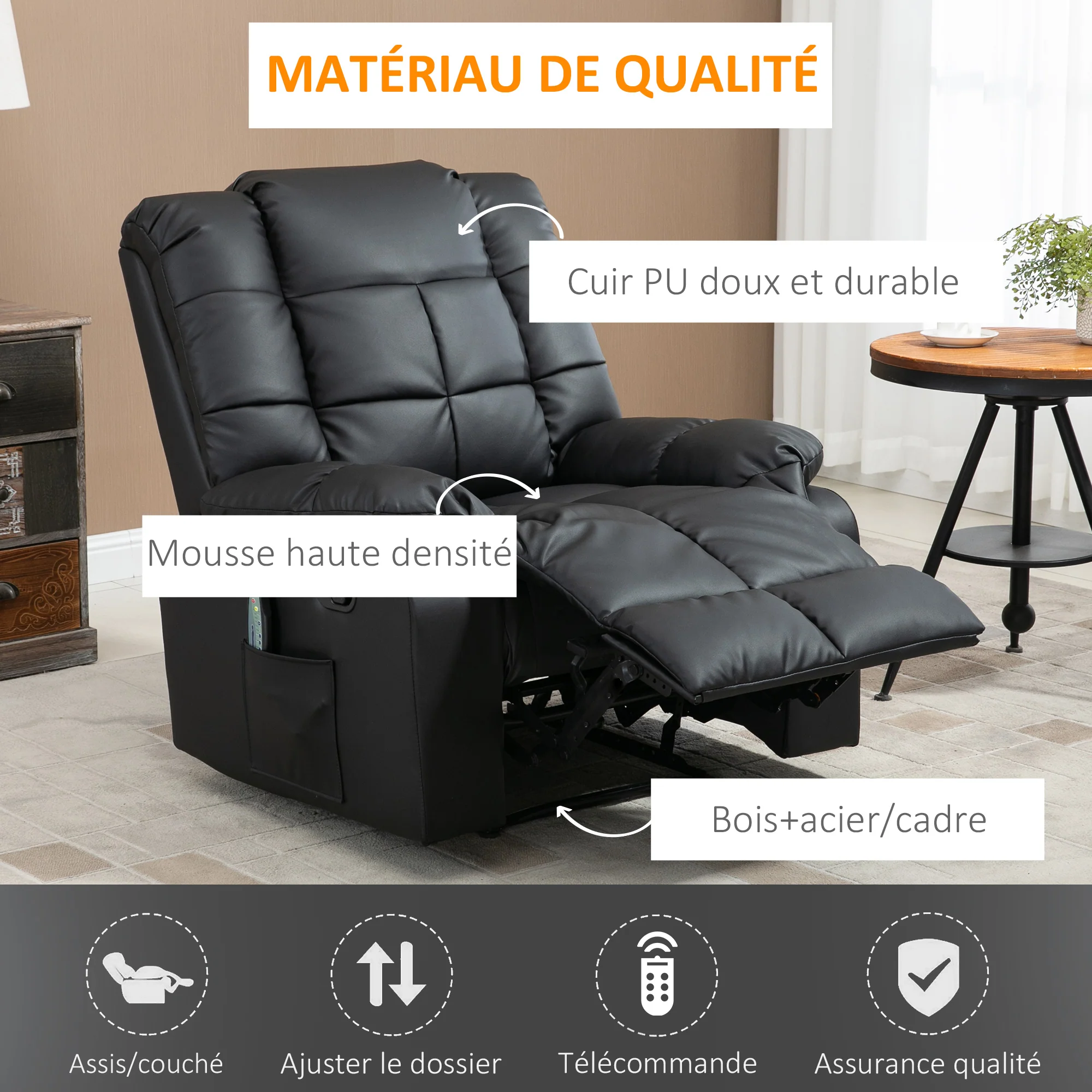 Fauteuil de massage fauteuil de relaxation massant avec dossier inclinable manuellement et repose-pied fauteuil TV revêtement synthétique télécommande incluse noir - Image 6