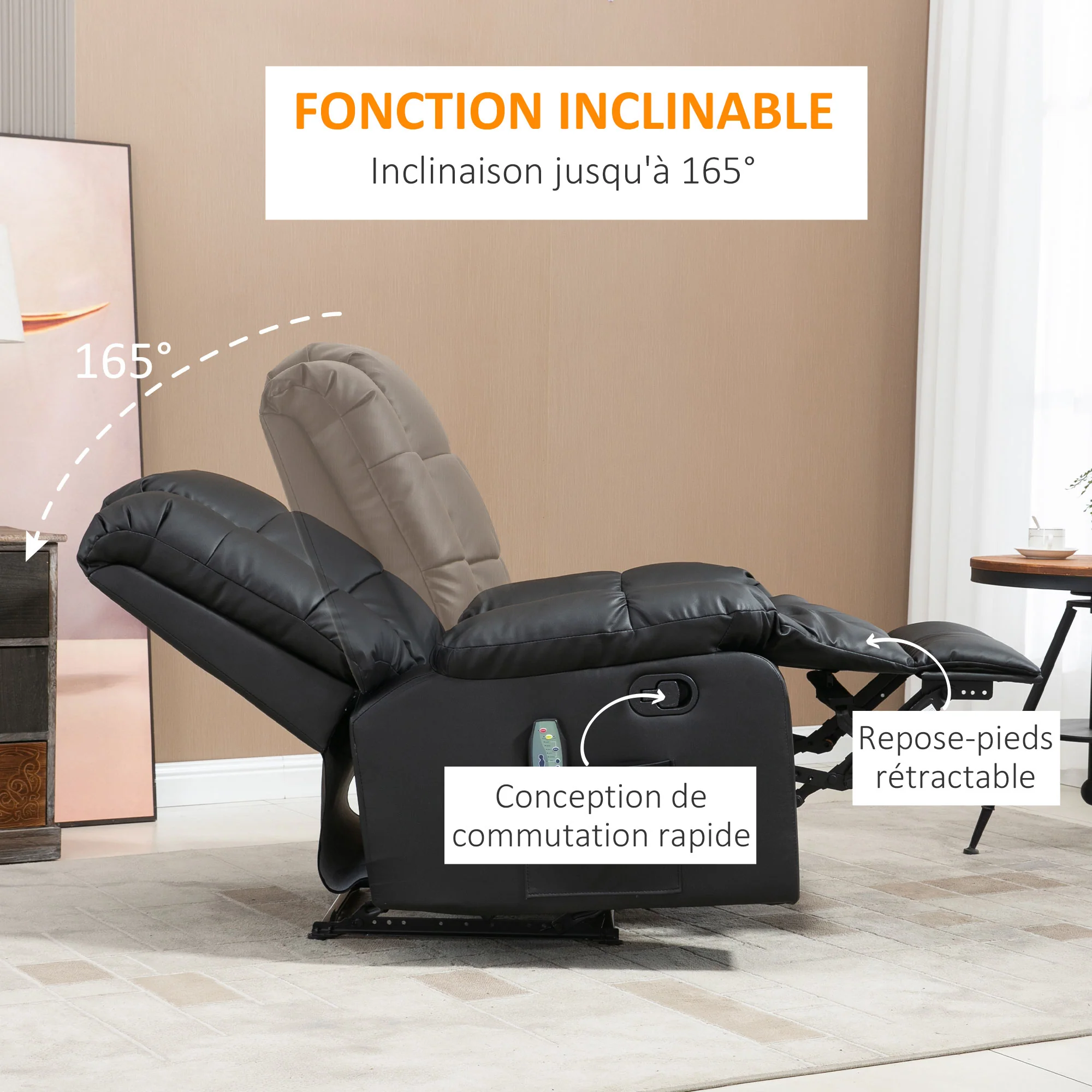 Fauteuil de massage fauteuil de relaxation massant avec dossier inclinable manuellement et repose-pied fauteuil TV revêtement synthétique télécommande incluse noir - Image 7