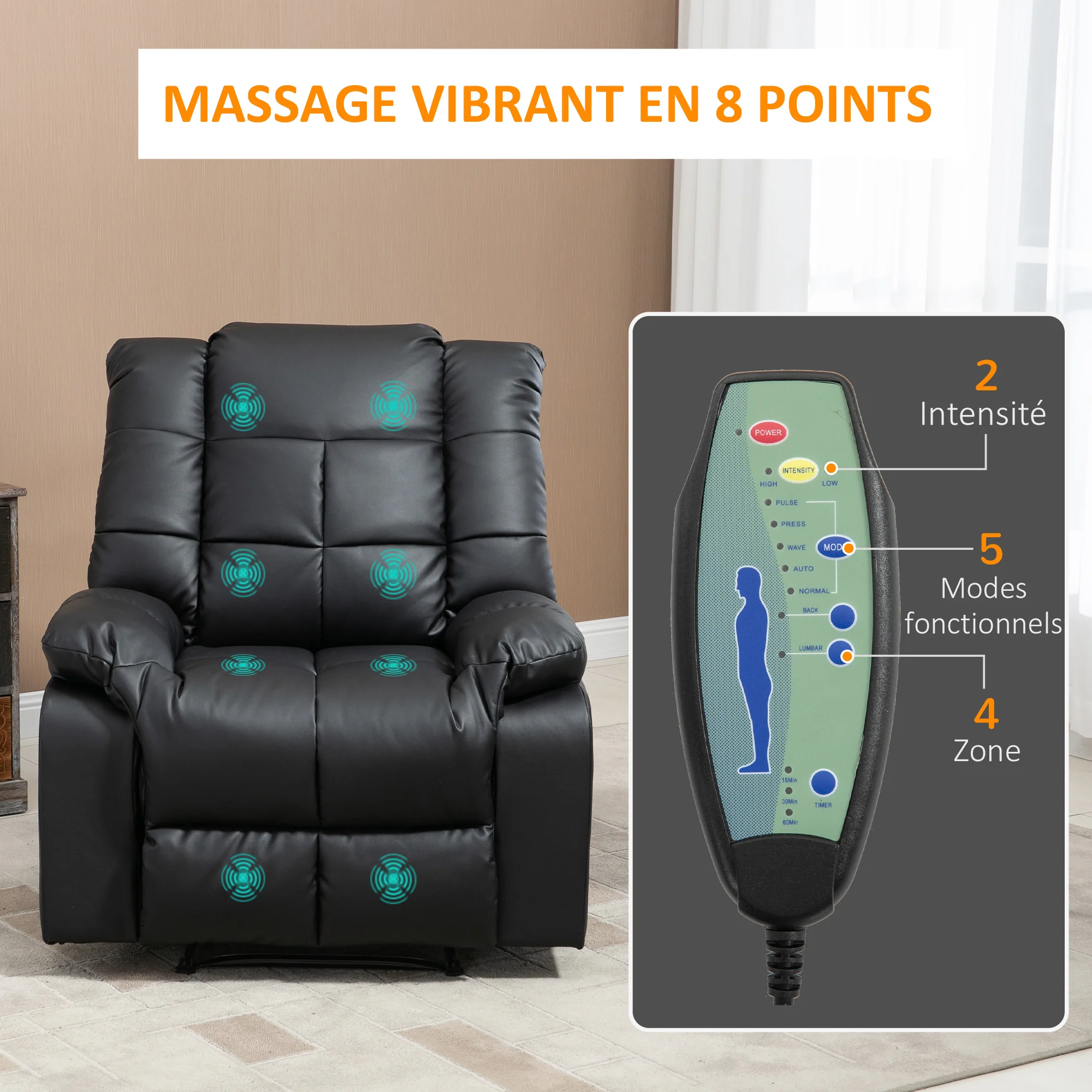 Fauteuil de massage fauteuil de relaxation massant avec dossier inclinable manuellement et repose-pied fauteuil TV revêtement synthétique télécommande incluse noir - Image 8
