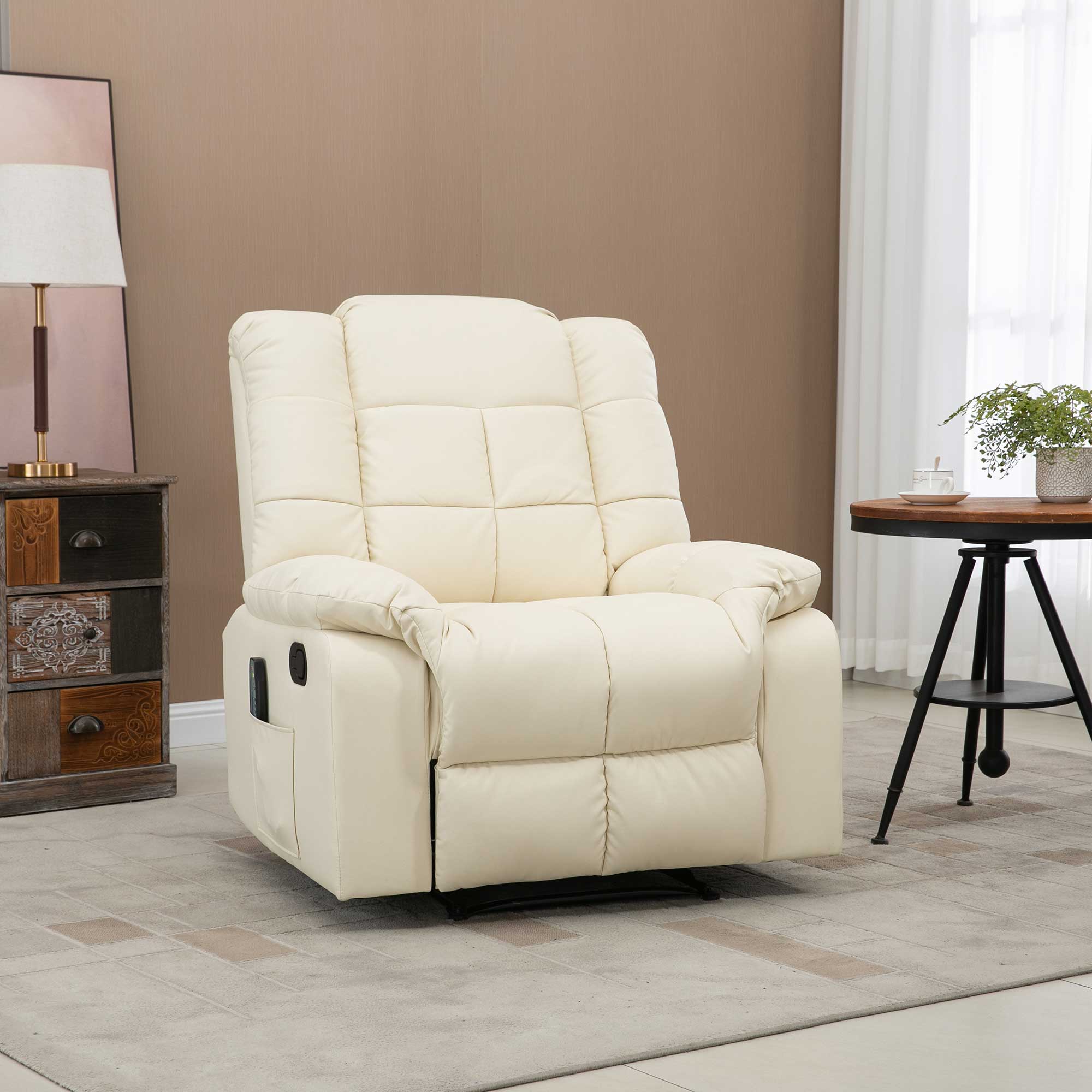 Fauteuil de massage fauteuil de relaxation massant avec dossier inclinable manuellement et repose-pied fauteuil TV revêtement synthétique télécommande incluse crème - Image 3