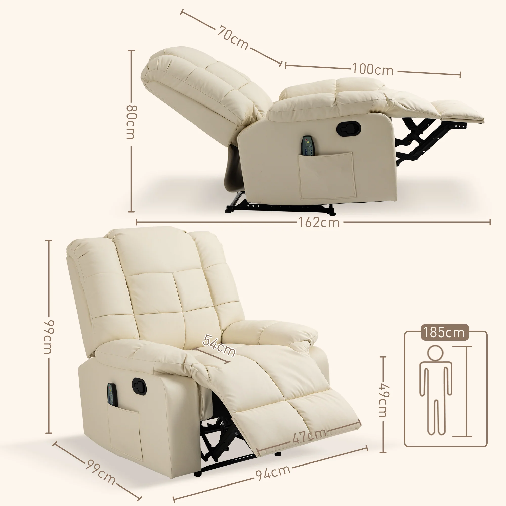 Fauteuil de massage fauteuil de relaxation massant avec dossier inclinable manuellement et repose-pied fauteuil TV revêtement synthétique télécommande incluse crème - Image 4
