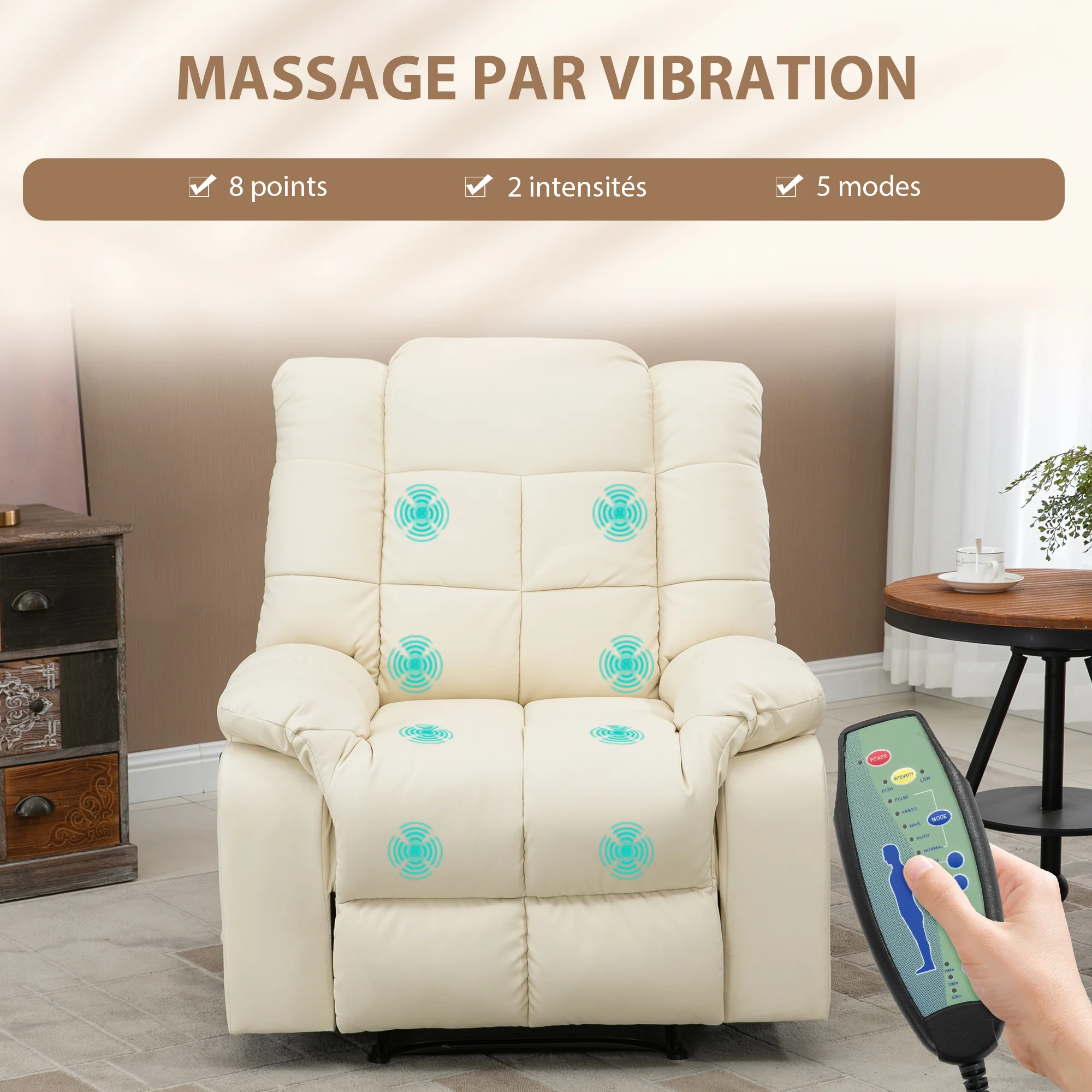 Fauteuil de massage fauteuil de relaxation massant avec dossier inclinable manuellement et repose-pied fauteuil TV revêtement synthétique télécommande incluse crème - Image 5