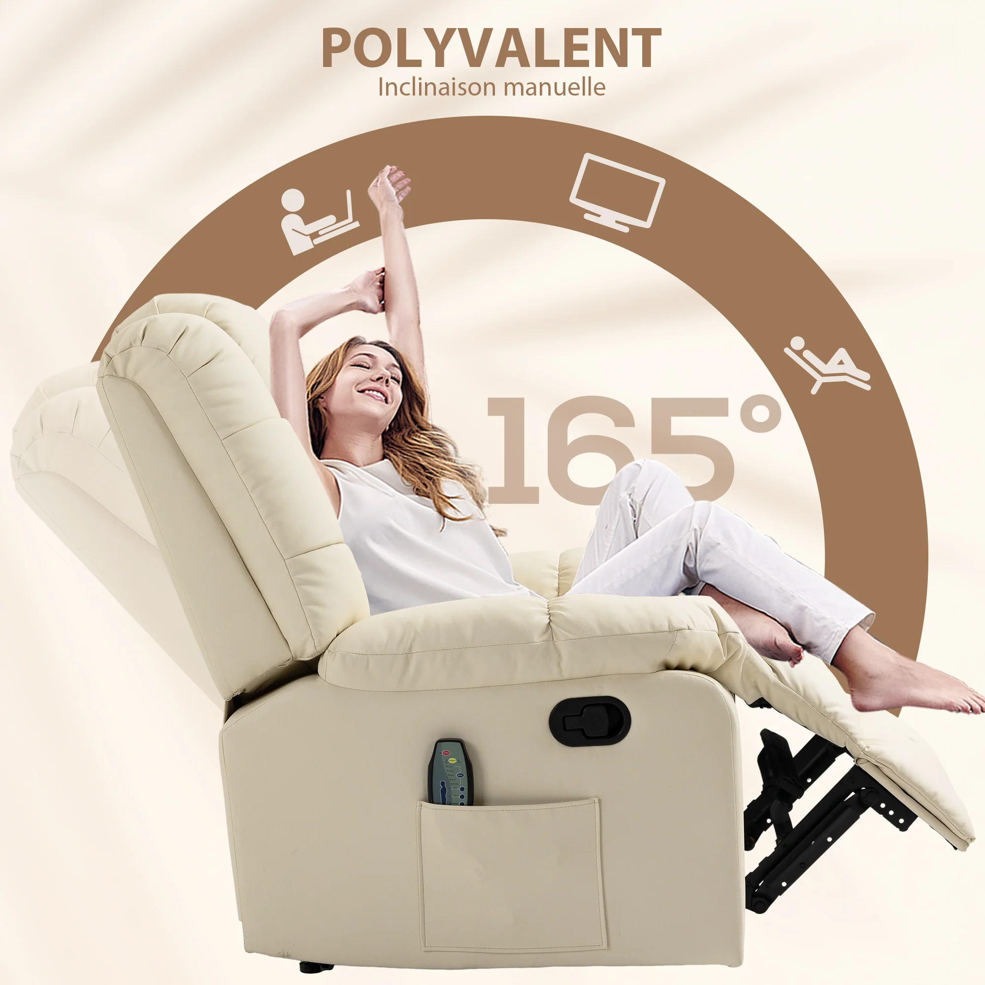 Fauteuil de massage fauteuil de relaxation massant avec dossier inclinable manuellement et repose-pied fauteuil TV revêtement synthétique télécommande incluse crème - Image 6