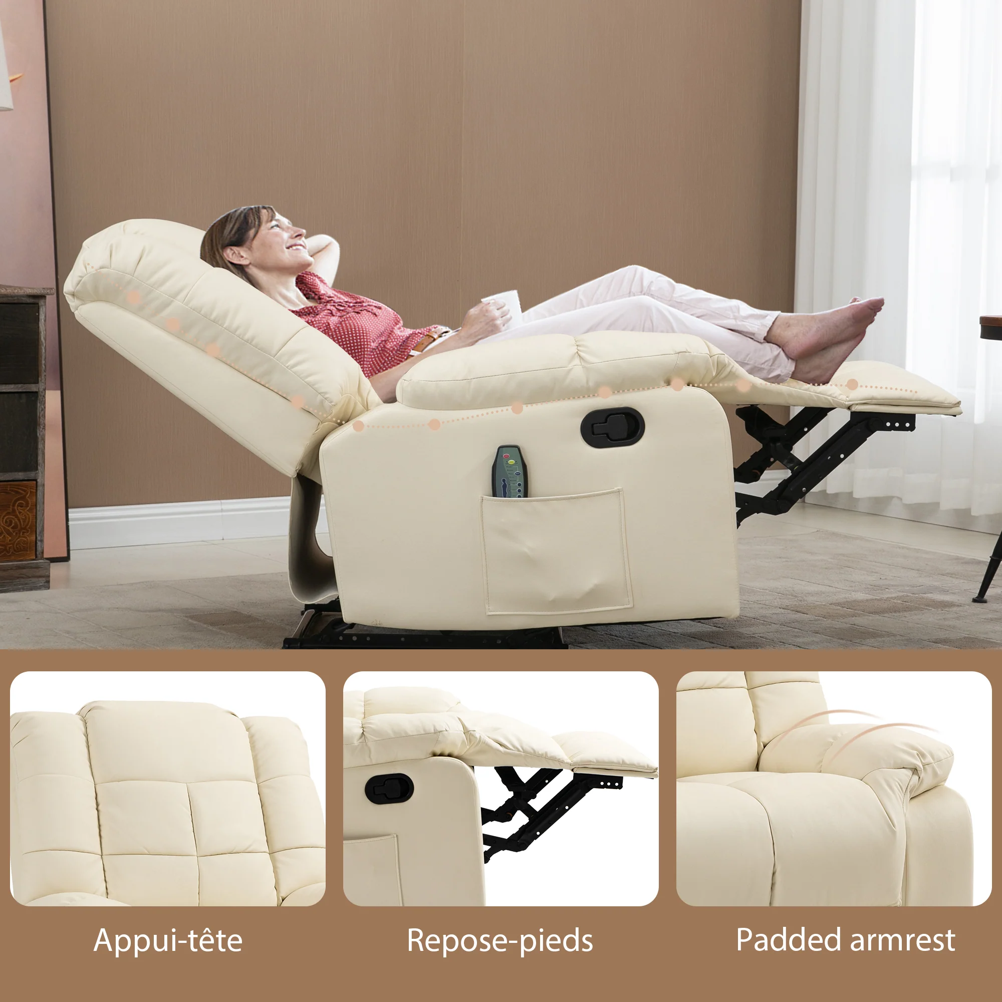 Fauteuil de massage fauteuil de relaxation massant avec dossier inclinable manuellement et repose-pied fauteuil TV revêtement synthétique télécommande incluse crème - Image 8