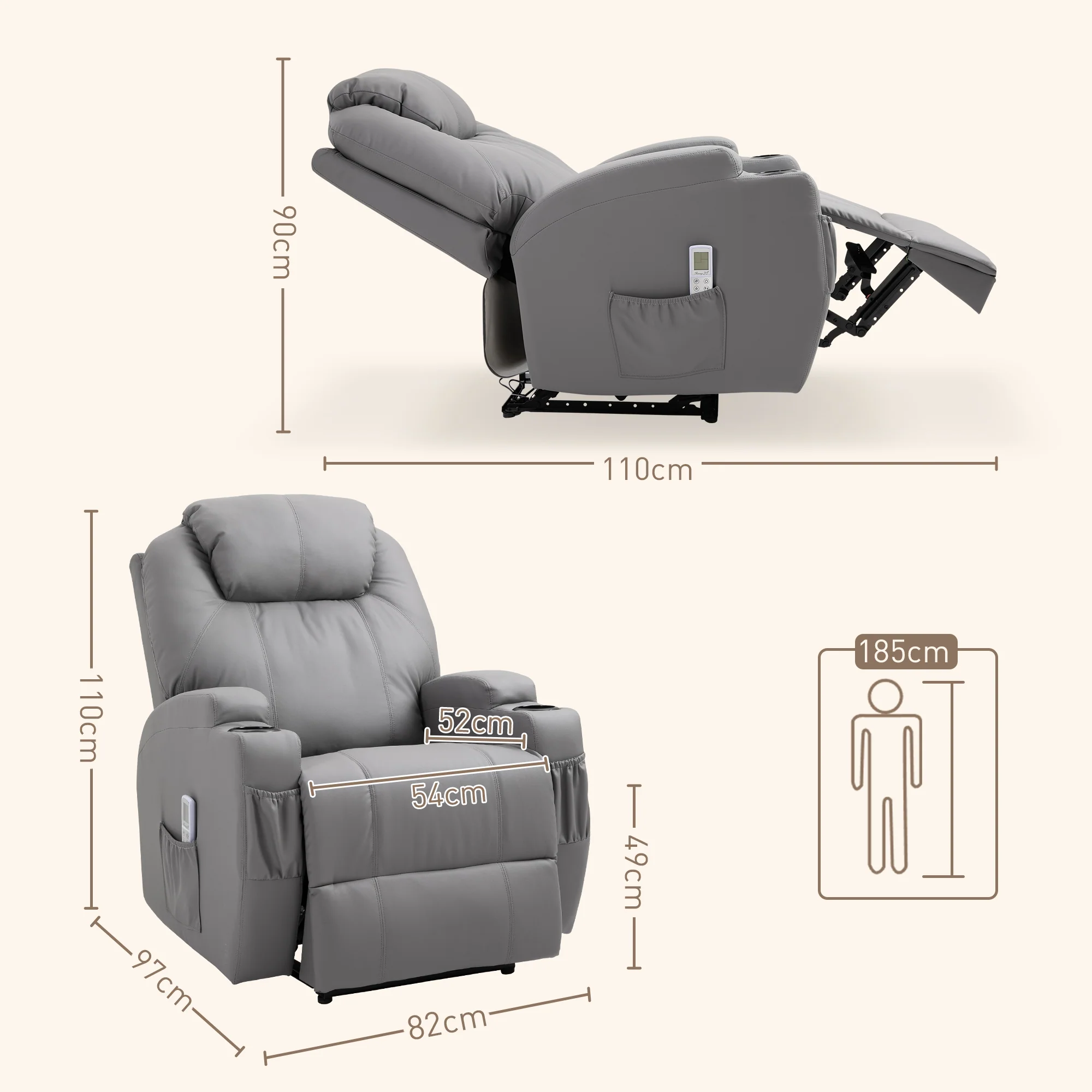 Fauteuil de Massage Inclinable, Chaise de Relaxation avec dossier et repose-pied électrique réglables revêtement synthétique pour Salon, Chambre, Cinéma Maison Gris - Image 4