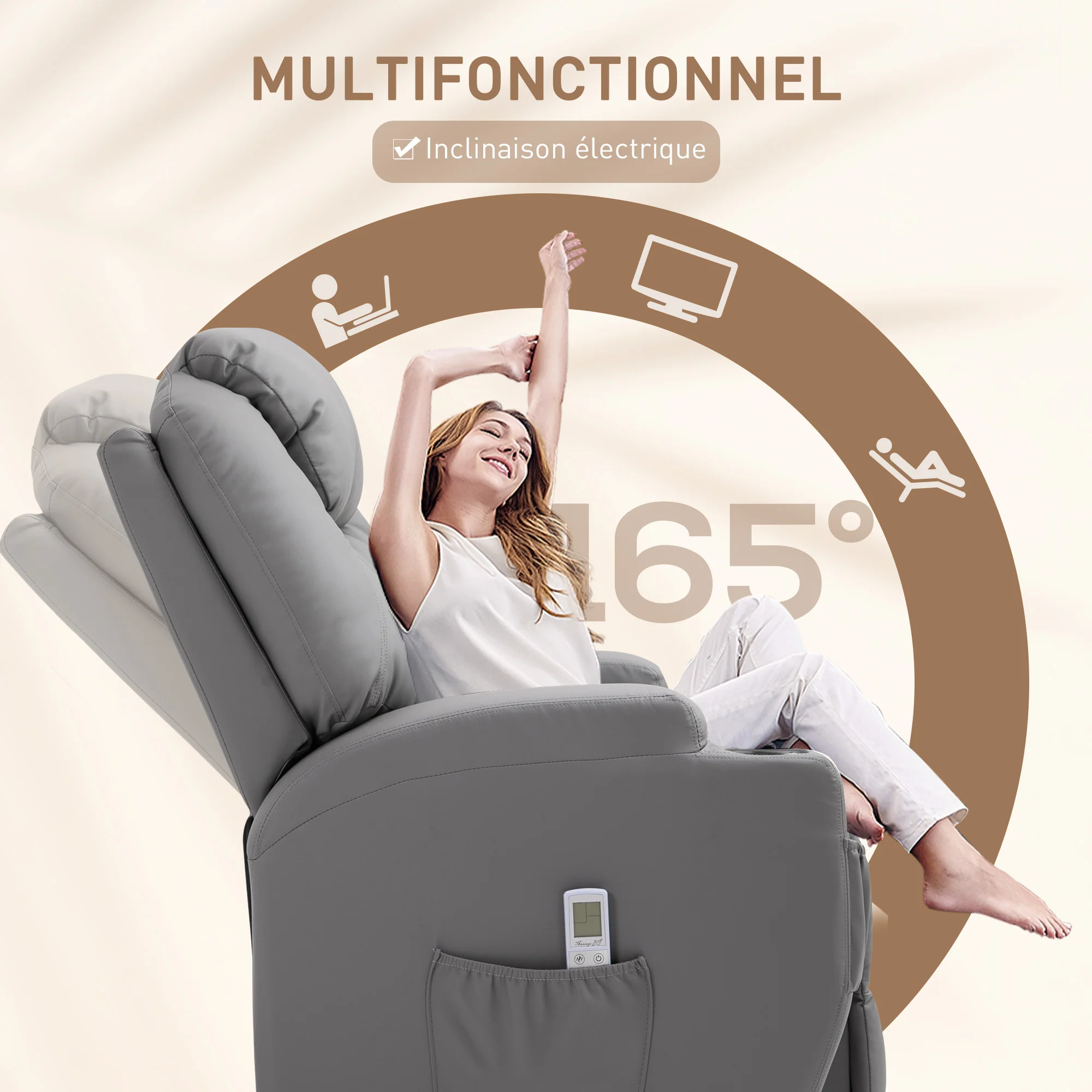 Fauteuil de Massage Inclinable, Chaise de Relaxation avec dossier et repose-pied électrique réglables revêtement synthétique pour Salon, Chambre, Cinéma Maison Gris - Image 6
