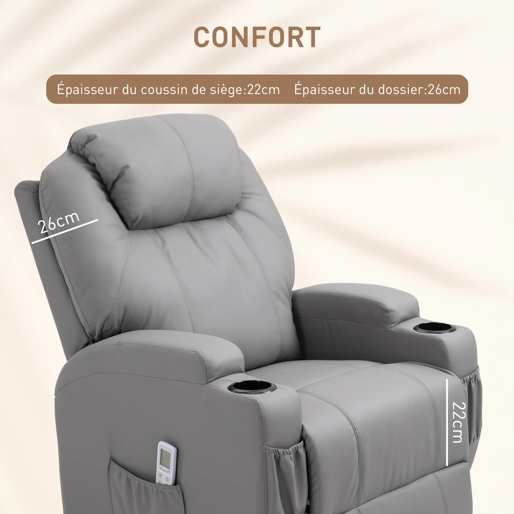 Fauteuil de Massage Inclinable, Chaise de Relaxation avec dossier et repose-pied électrique réglables revêtement synthétique pour Salon, Chambre, Cinéma Maison Gris - Image 7