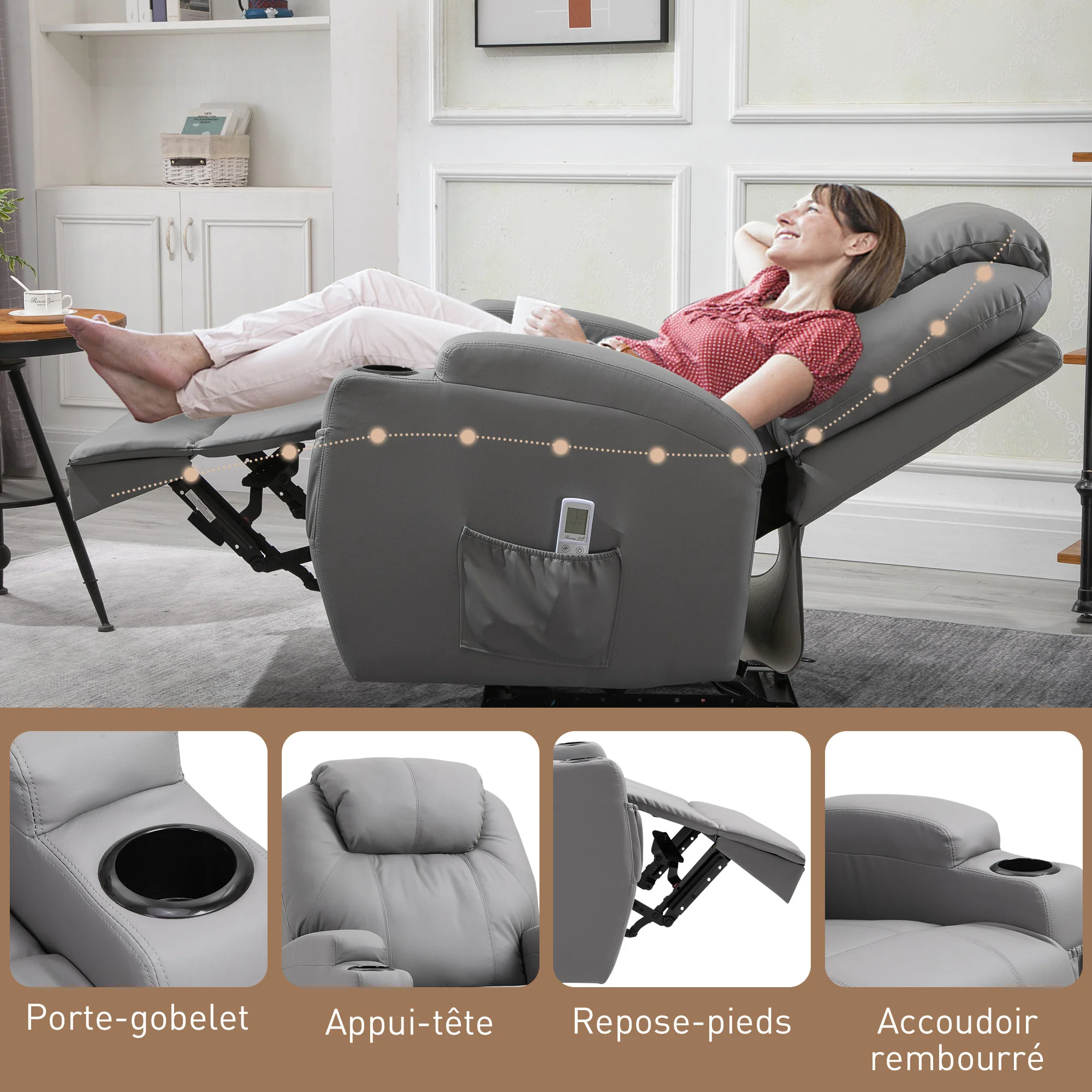 Fauteuil de Massage Inclinable, Chaise de Relaxation avec dossier et repose-pied électrique réglables revêtement synthétique pour Salon, Chambre, Cinéma Maison Gris - Image 8