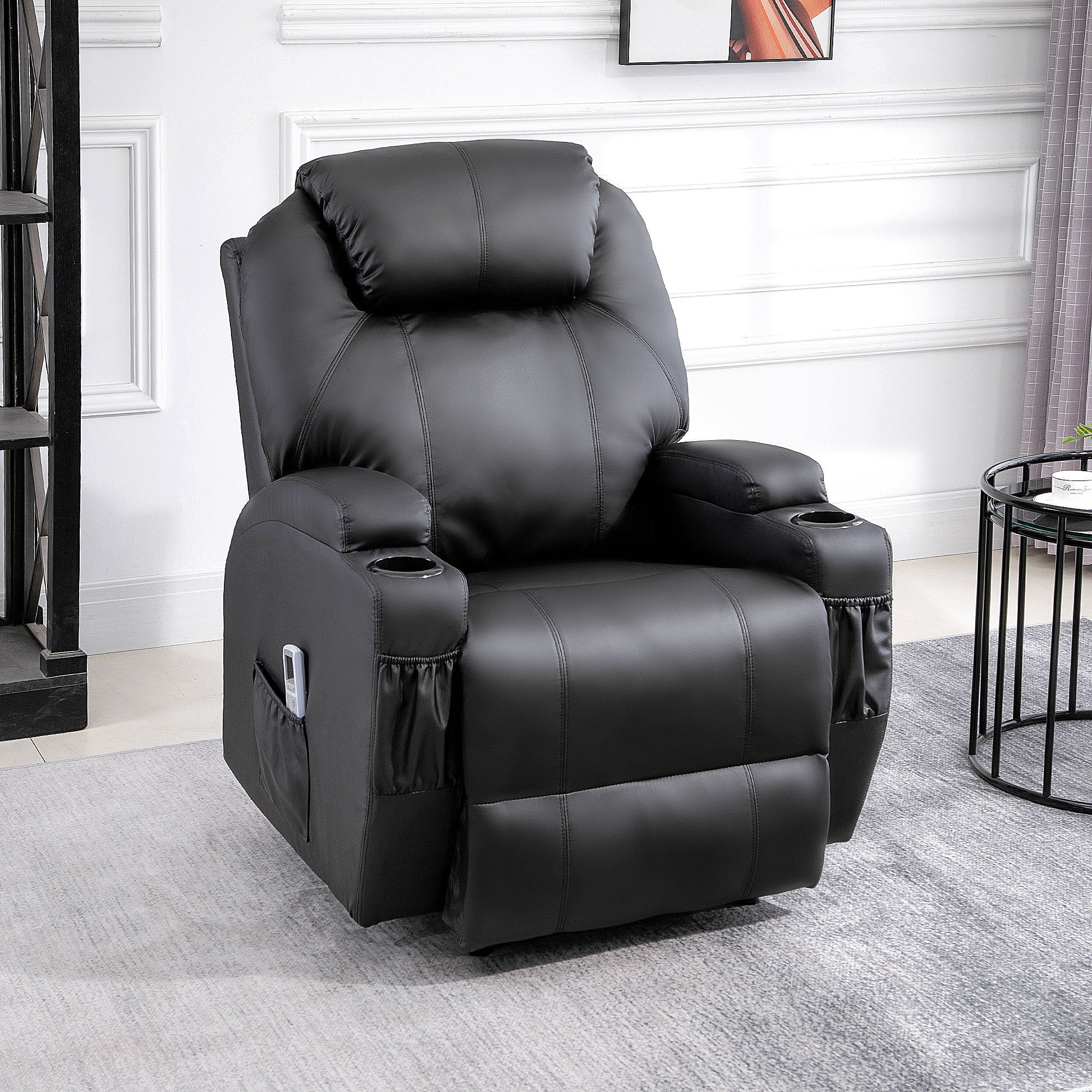 Fauteuil de Massage Inclinable, Chaise de Relaxation avec dossier et repose-pied électrique réglables revêtement synthétique pour Salon, Chambre, Cinéma Maison Noir - Image 3