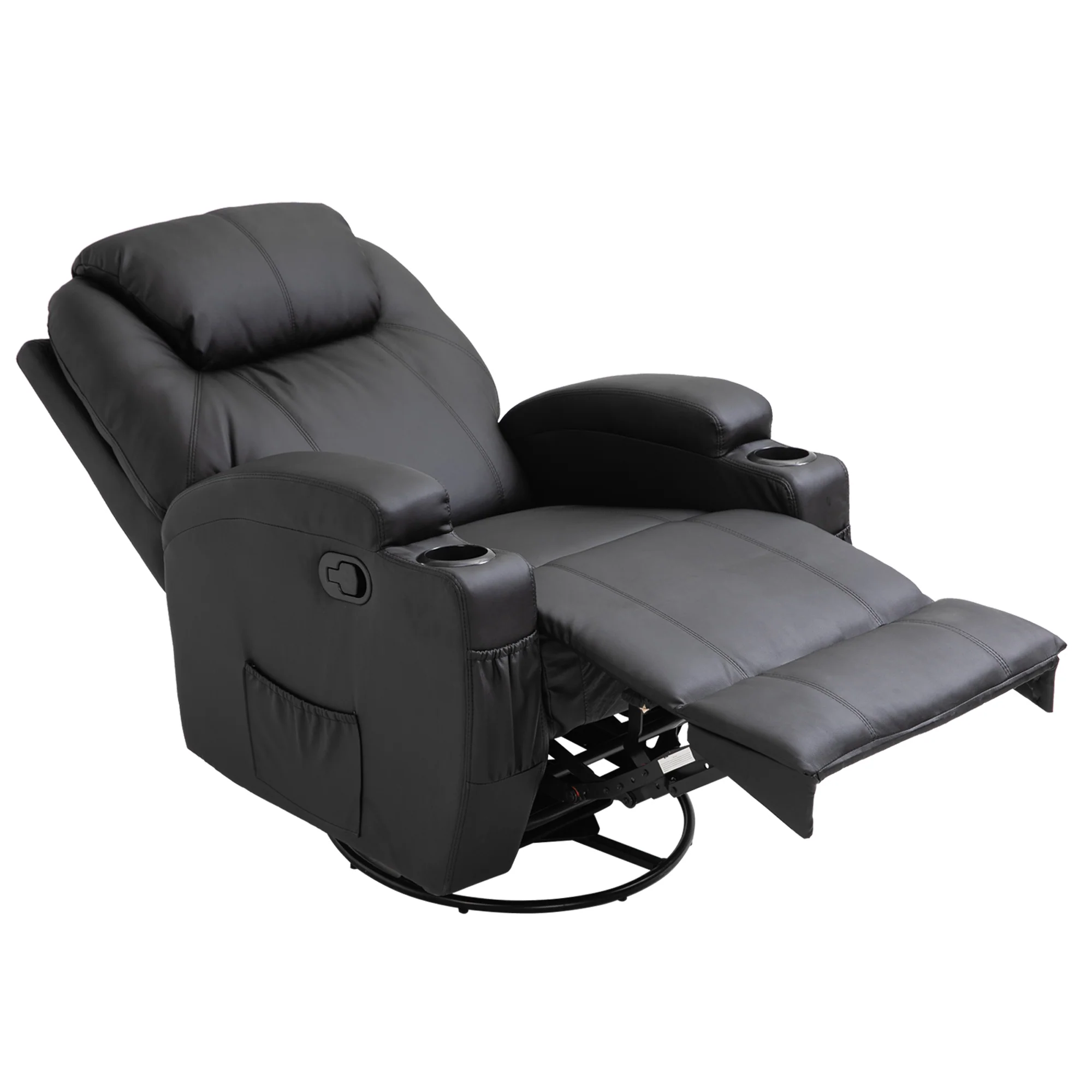 Fauteuil de massage inclinable, fauteuil de relaxation, dossier et repose-pieds réglable manuellement, fonction bascule, télécommande, pivotant à 360°, porte-gobelets et poches latérales, noir