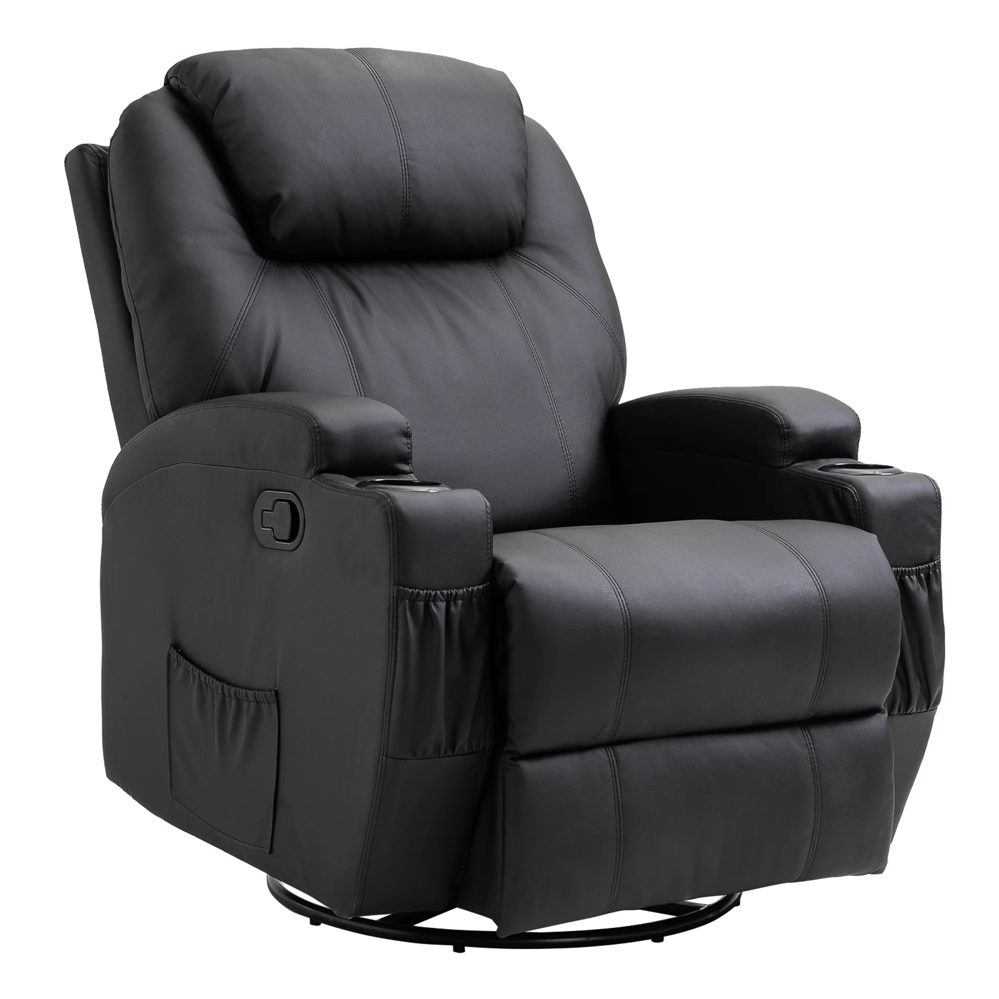 Fauteuil de massage inclinable, fauteuil de relaxation, dossier et repose-pieds réglable manuellement, fonction bascule, télécommande, pivotant à 360°, porte-gobelets et poches latérales, noir - Image 2