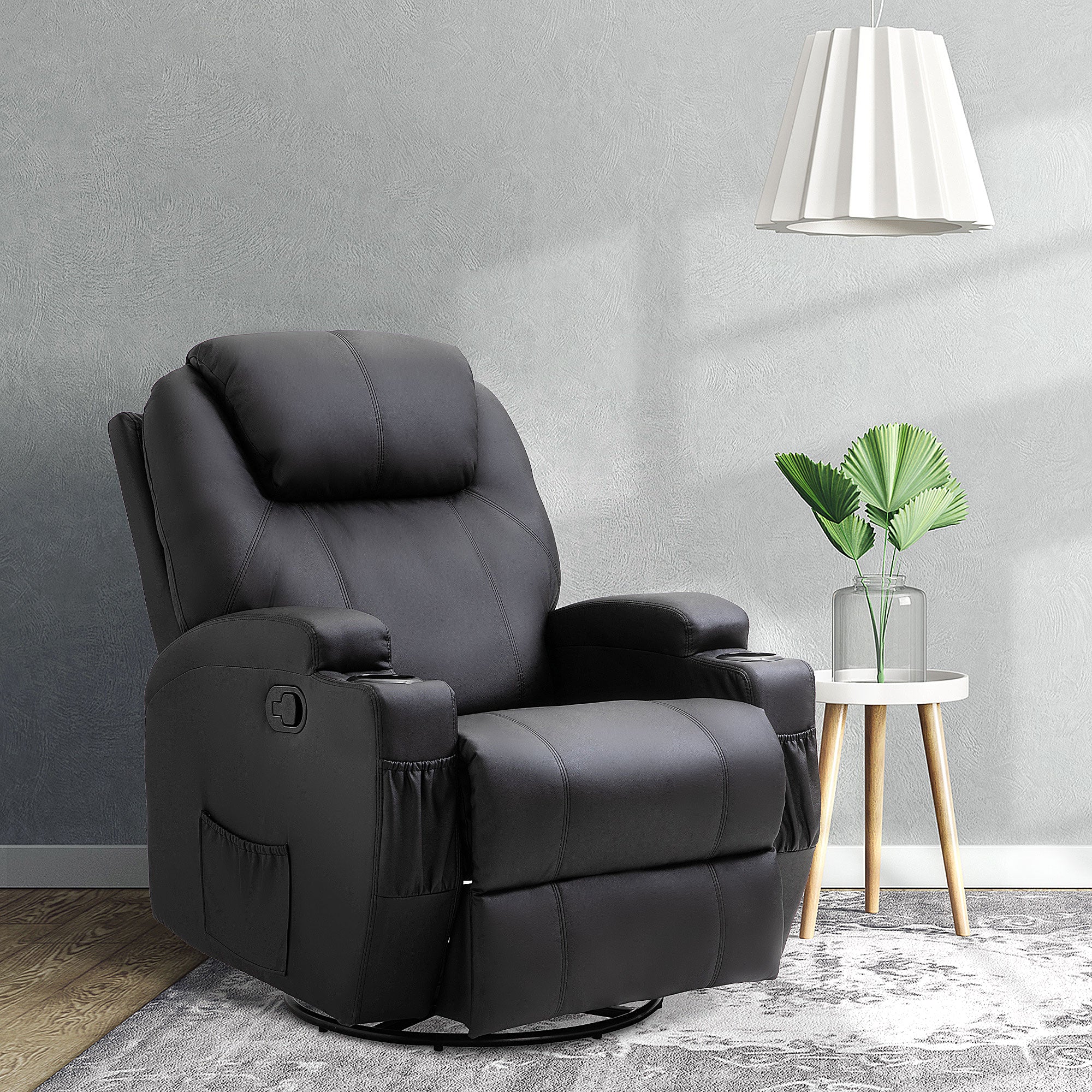 Fauteuil de massage inclinable, fauteuil de relaxation, dossier et repose-pieds réglable manuellement, fonction bascule, télécommande, pivotant à 360°, porte-gobelets et poches latérales, noir - Image 3