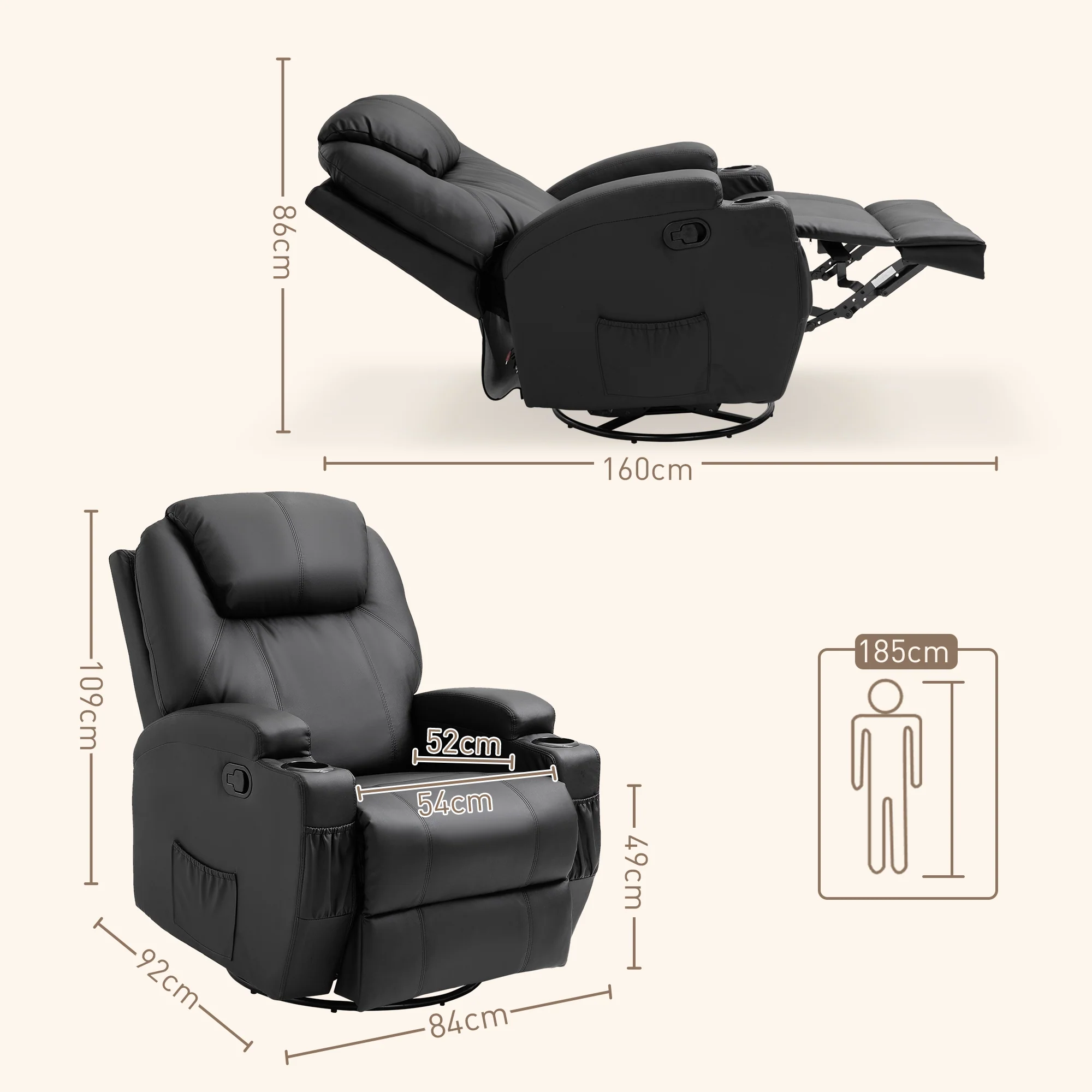 Fauteuil de massage inclinable, fauteuil de relaxation, dossier et repose-pieds réglable manuellement, fonction bascule, télécommande, pivotant à 360°, porte-gobelets et poches latérales, noir - Image 4