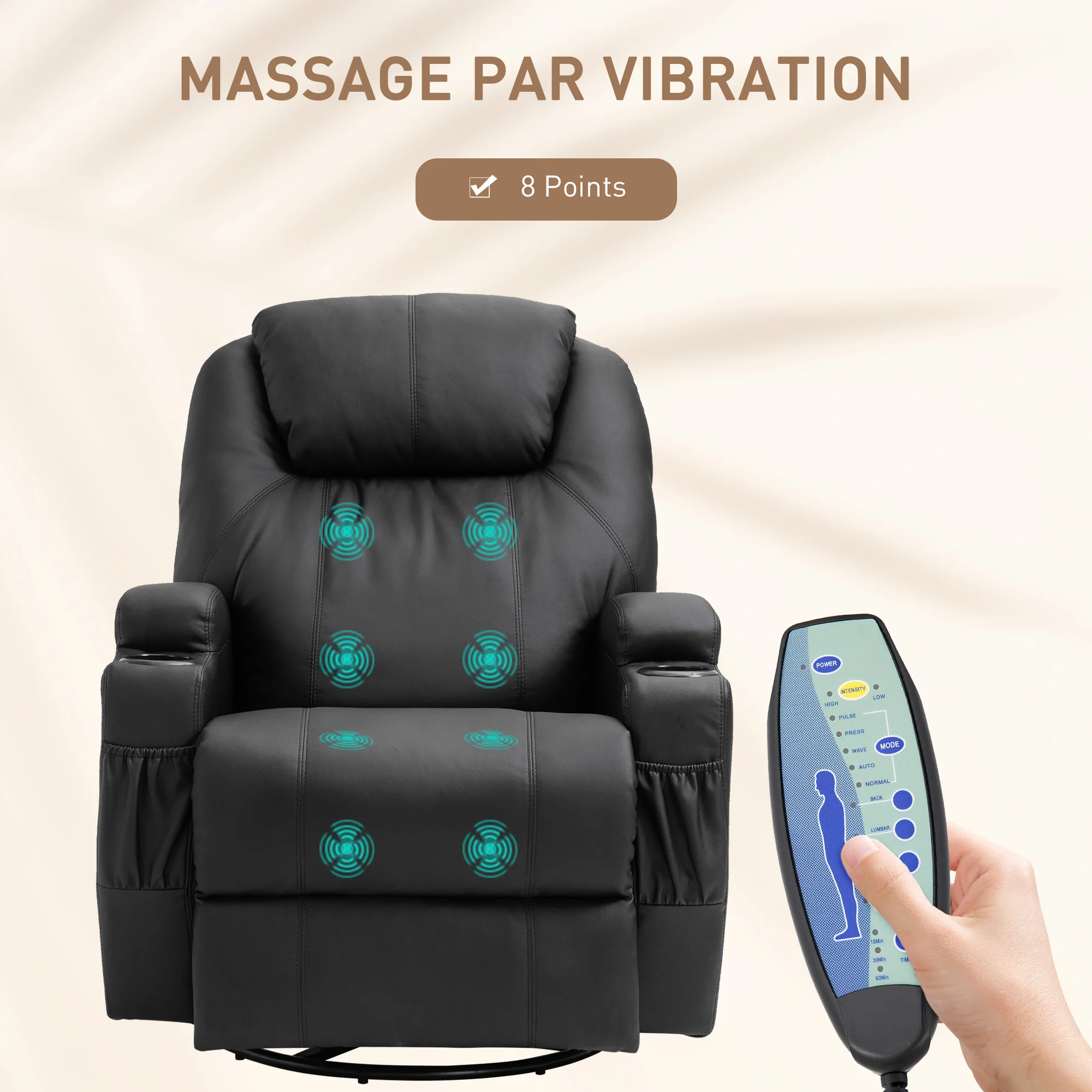 Fauteuil de massage inclinable, fauteuil de relaxation, dossier et repose-pieds réglable manuellement, fonction bascule, télécommande, pivotant à 360°, porte-gobelets et poches latérales, noir - Image 5