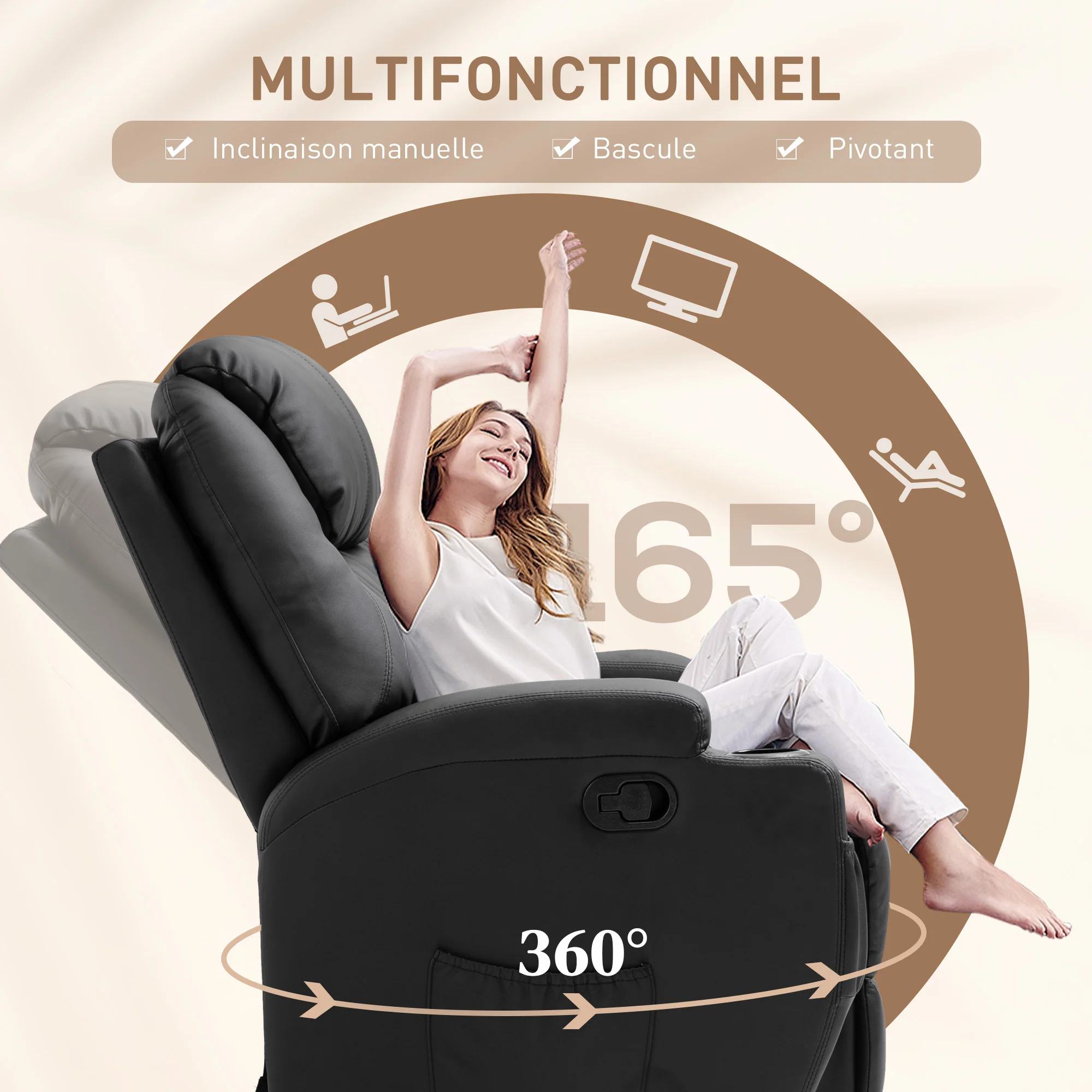 Fauteuil de massage inclinable, fauteuil de relaxation, dossier et repose-pieds réglable manuellement, fonction bascule, télécommande, pivotant à 360°, porte-gobelets et poches latérales, noir - Image 6