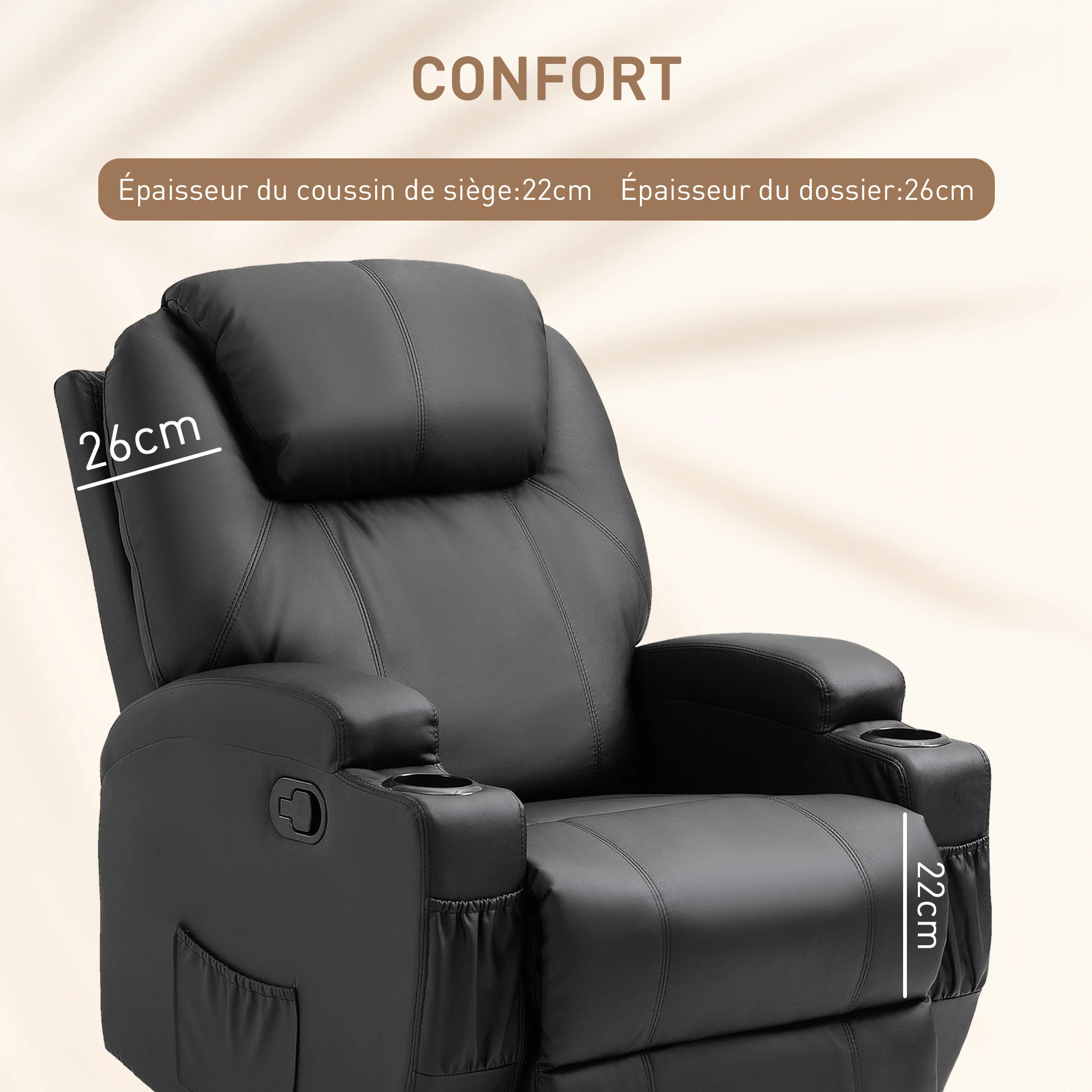 Fauteuil de massage inclinable, fauteuil de relaxation, dossier et repose-pieds réglable manuellement, fonction bascule, télécommande, pivotant à 360°, porte-gobelets et poches latérales, noir - Image 8